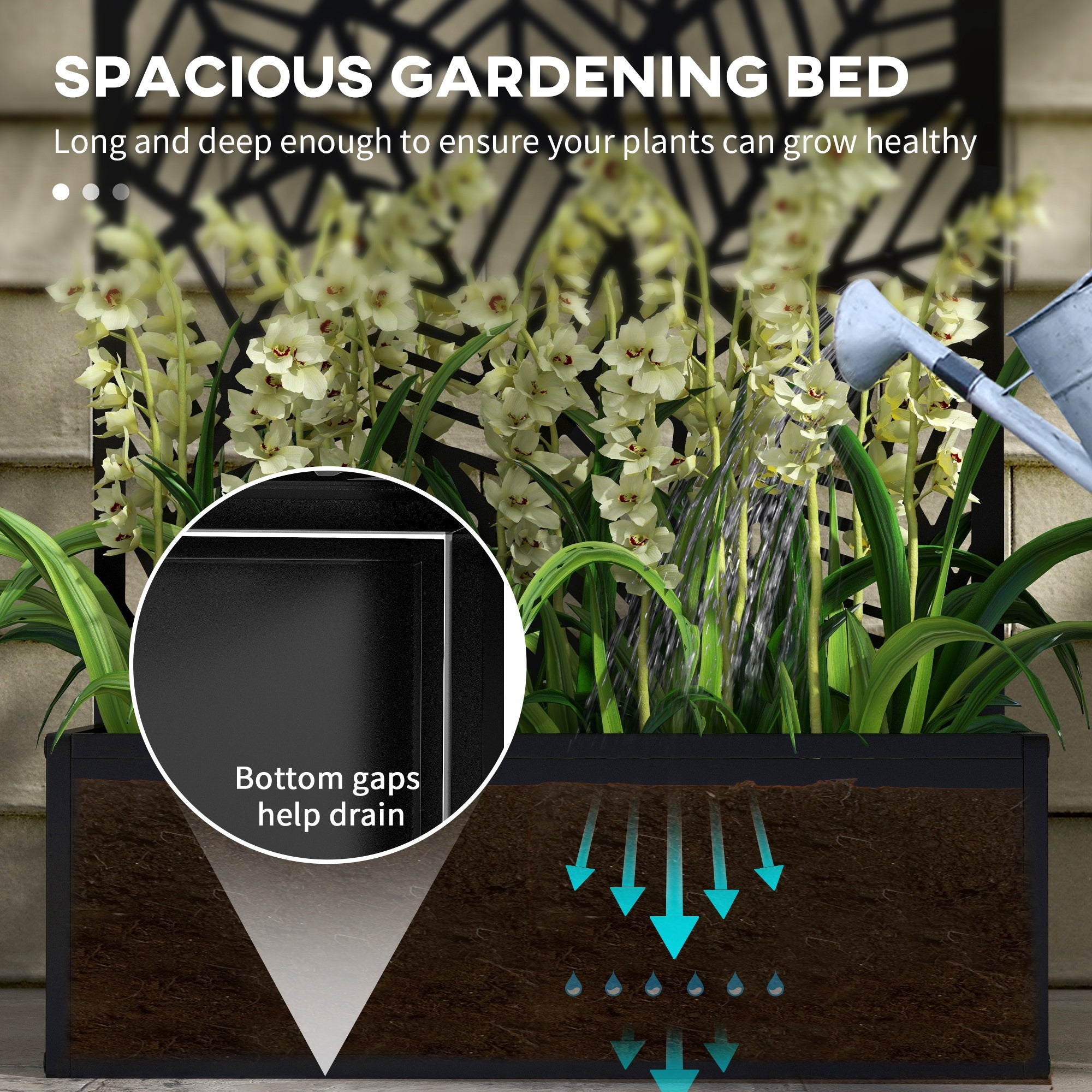 Metal Outdoor Raised Garden Bed with Privacy Screen, Privacy Panel and Planter Box, Wall-Mounted or Freestanding, Black Raised Garden Beds at Gallery Canada