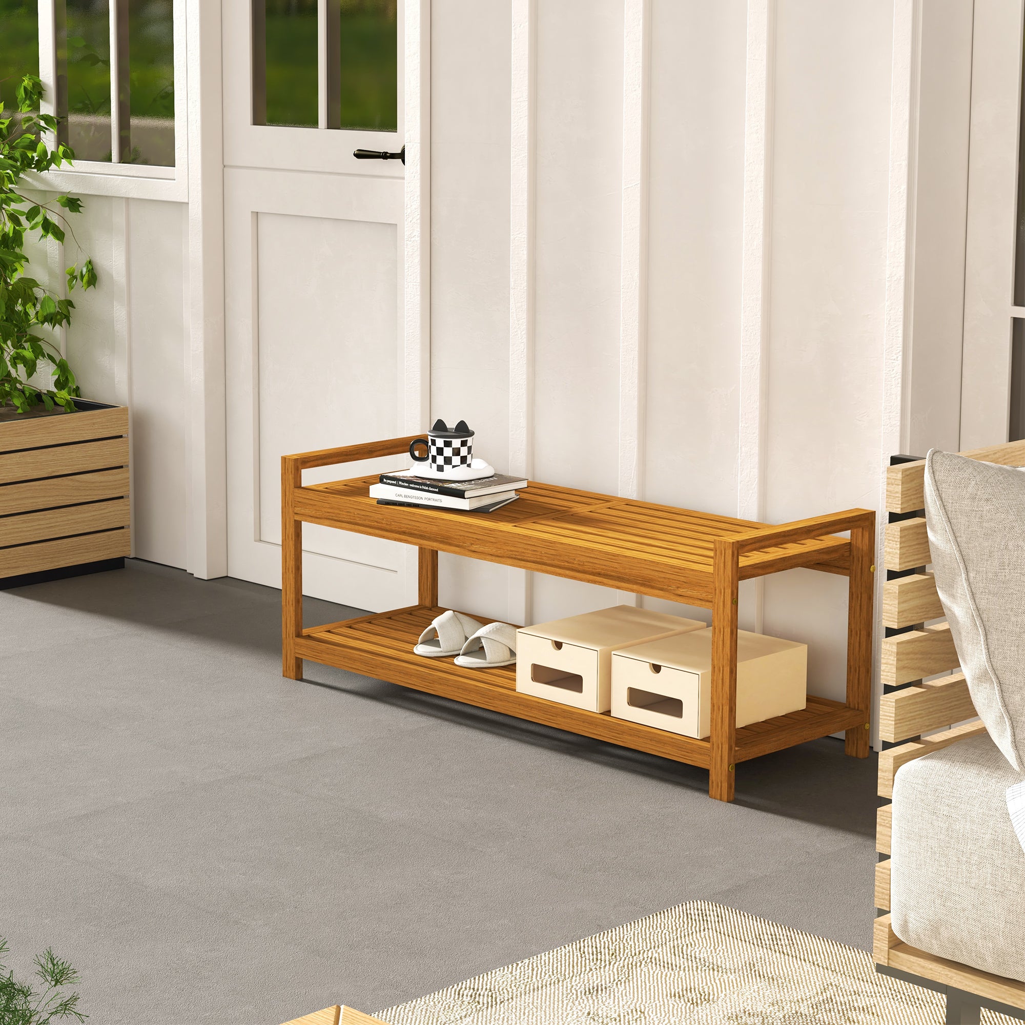 Garden Stool with Storage Shelf, Slatted Seat for Indoor Conservatory, Garden, Poolside, Deck, Teak Storage Ottomans & Benches at Gallery Canada