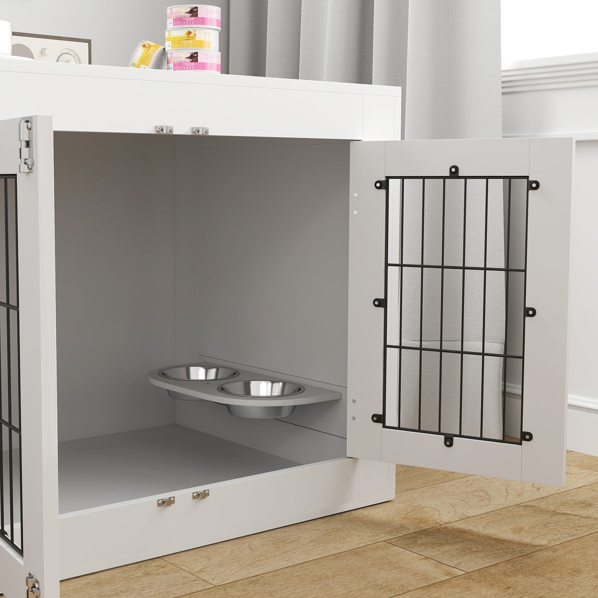 Dog Crate Furniture with 360° Rotatable Removable Dog Bowls, Two Doors, for Medium Dogs, 31.5