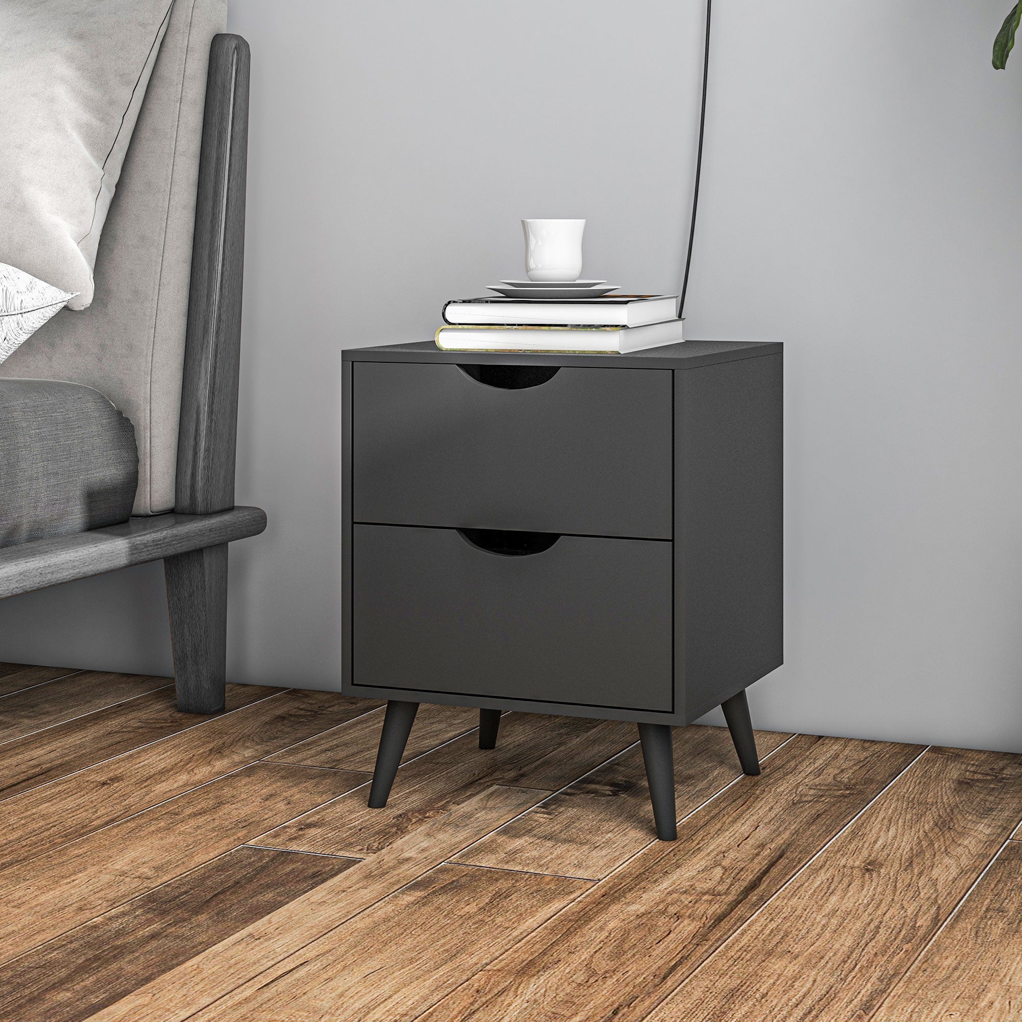 Modern Bedside Table, Nightstand with 2 Drawers and Pine Wood Legs for Bedroom, Living Room, Black Bedside Tables Black  at Gallery Canada