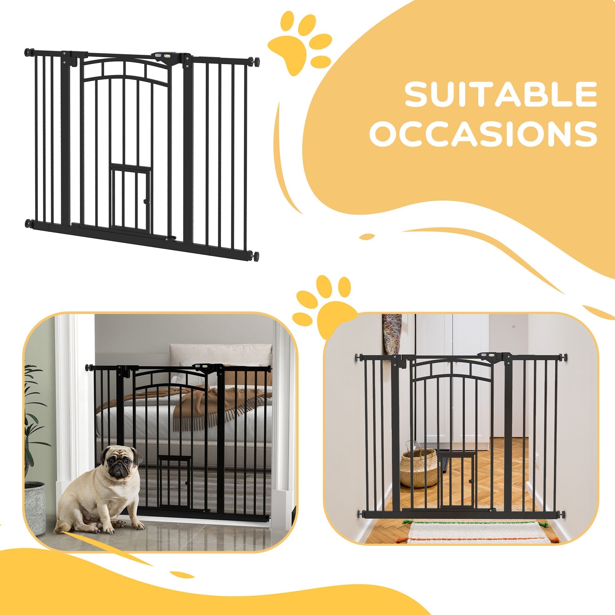 Auto-Close Pet Gate, Stair Gate with Cat Door, Double Locking for Doorways Hallways Stairs, Fits 29