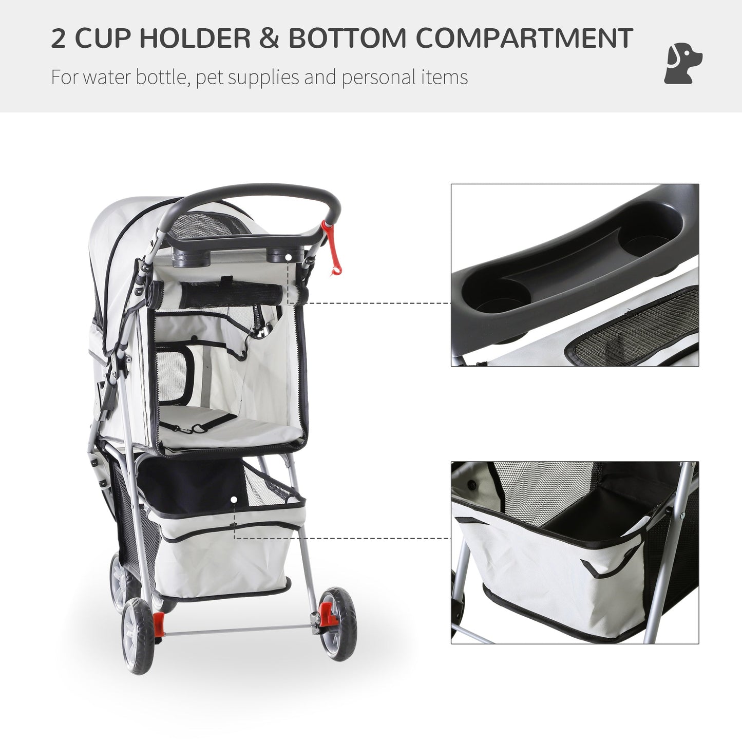 Deluxe 3 Wheels Pet Stroller Foldable Dog Cat Carrier Strolling Jogger with Brake, Canopy, Cup Holders and Bottom Storage Space (Grey) Dog Bike Trailers & Strollers   at Gallery Canada