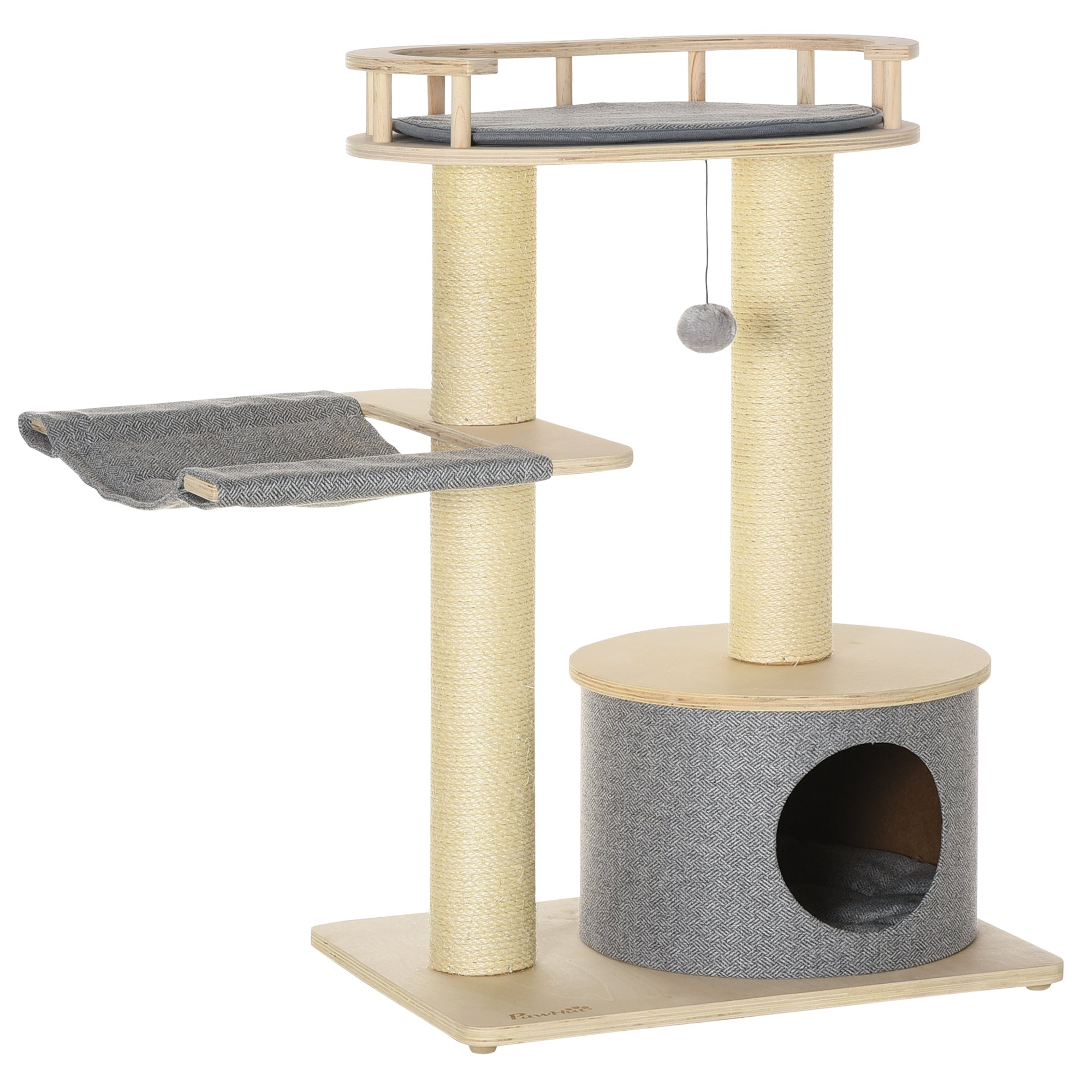 Wooden Cat Tree with Hammock, Condo, Scratching Post, Toy Ball, Washable Cushion, Natural Cat Towers   at Gallery Canada