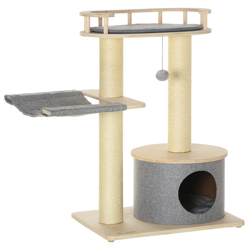 Wooden Cat Tree with Hammock, Condo, Scratching Post, Toy Ball, Washable Cushion, Natural