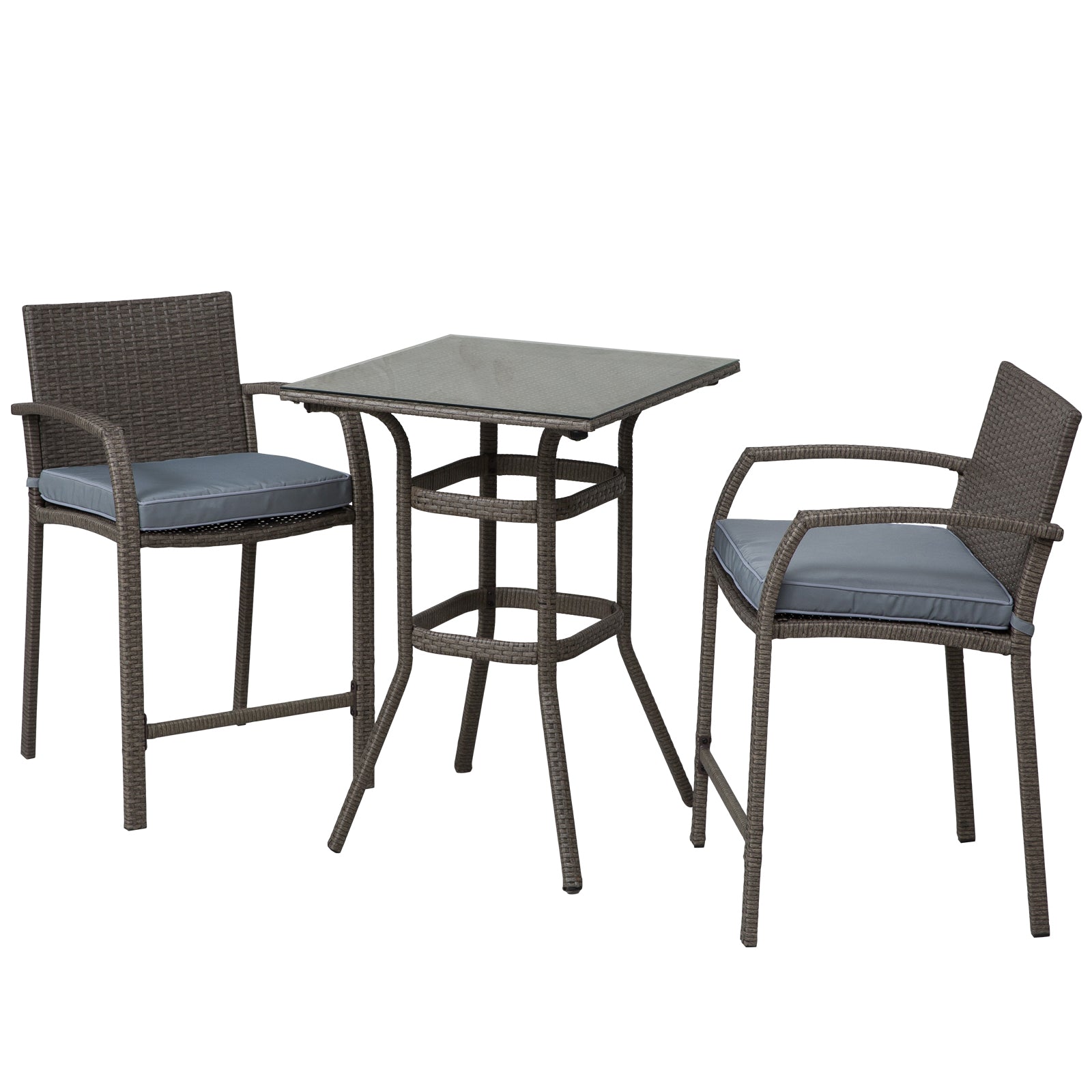 3 Pieces Patio Bar Set Wicker Garden Bistro Set Outdoor Furniture PE Rattan Table and Stools with Seat Cushion, Grey Bistro Sets at Gallery Canada