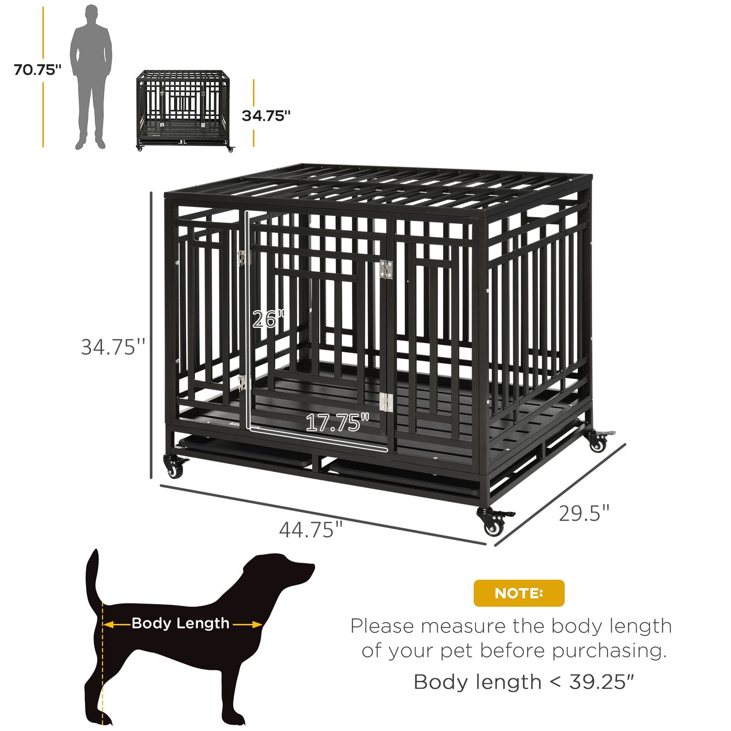 45" Heavy Duty Steel Dog Crate Kennel Pet Cage with Wheels for Convenient Access Anti-Pinching Floor, Black Houses, Kennels & Pens Black  at Gallery Canada