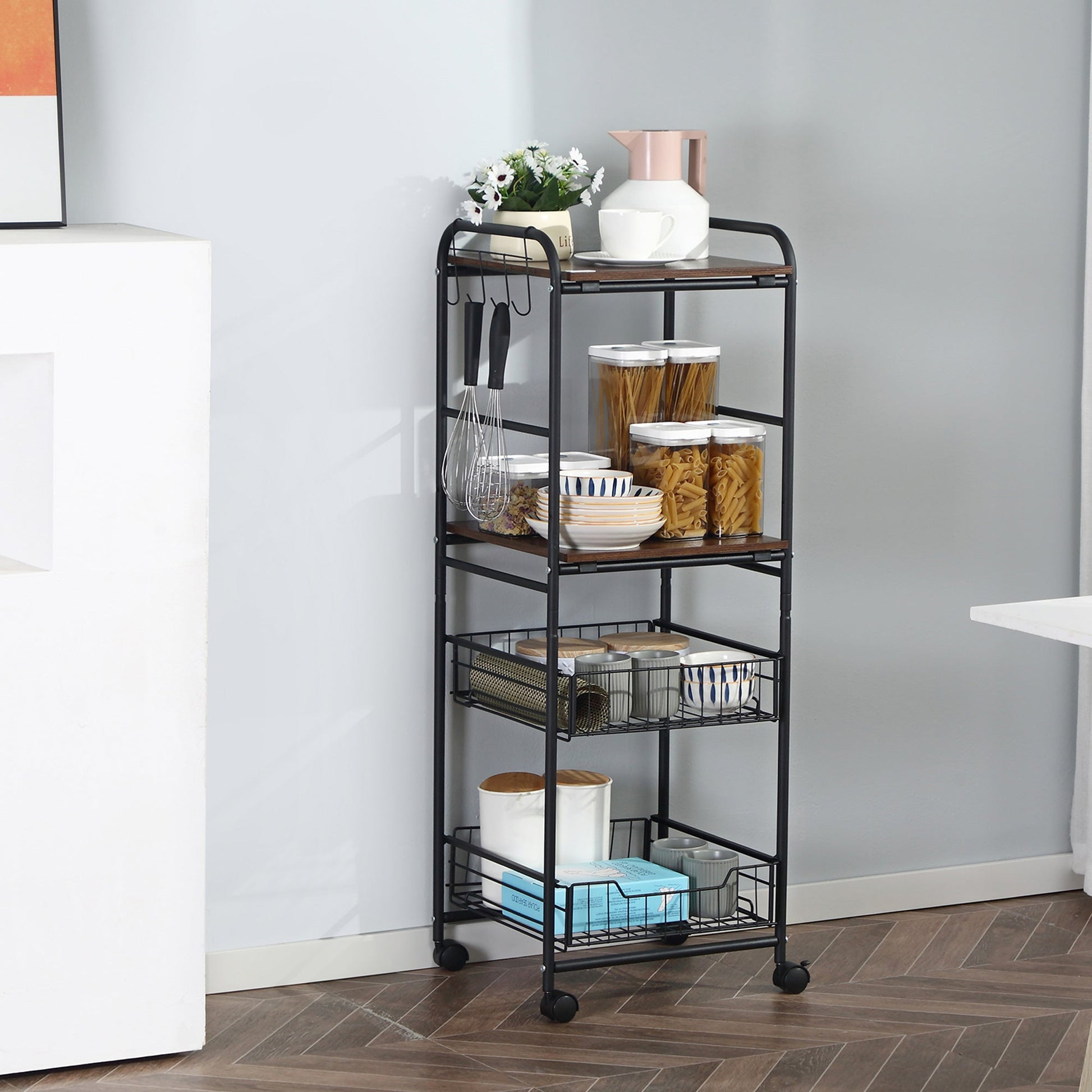 4 Tier Rolling Kitchen Cart, Utility and Industrial Storage Cart with 2 Basket Drawers, Side Hooks for Dining Room, Walnut Kitchen Islands & Kitchen Carts   at Gallery Canada