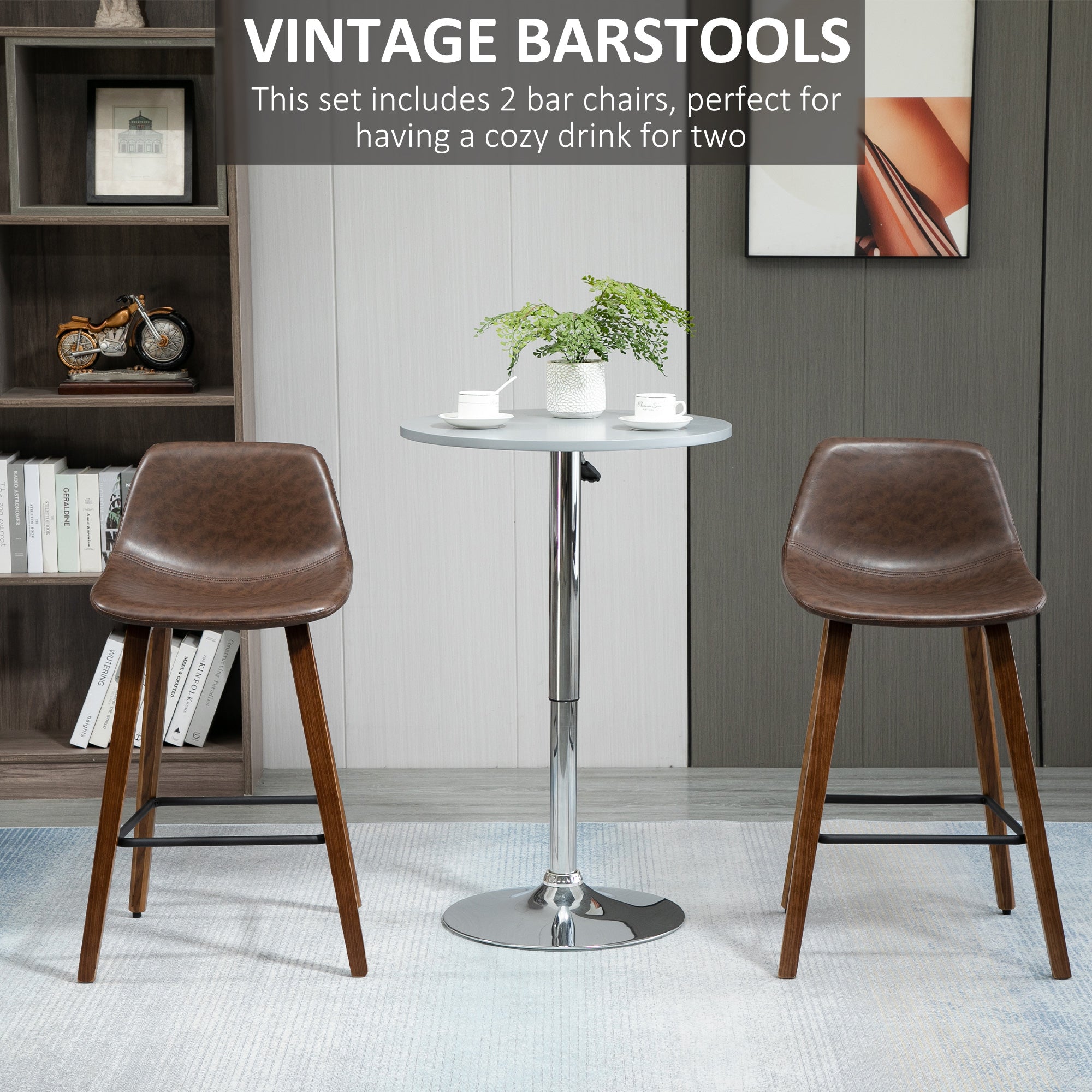 Counter Height Bar stools Set of 2 Mid-Back PU Leather Bar Chairs with Wood Legs, Brown Bar Stools   at Gallery Canada