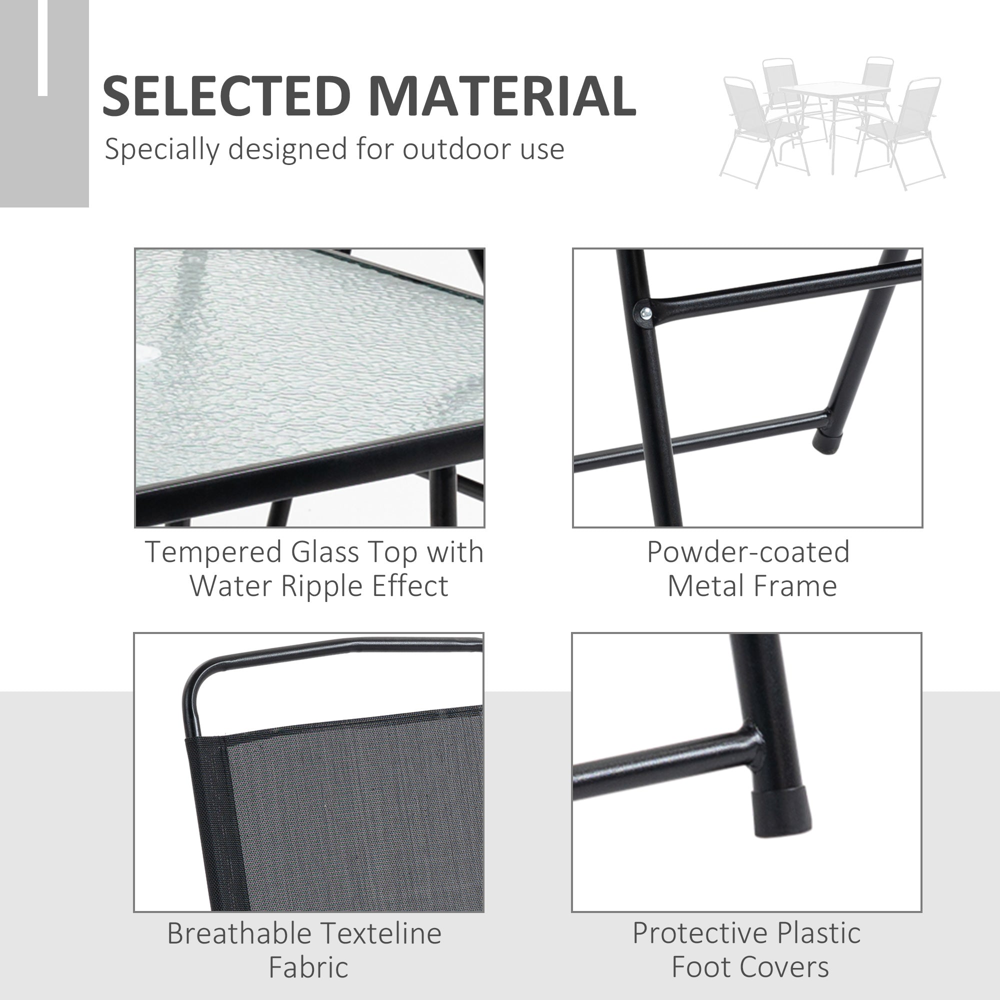 5 Pieces Patio Table and Chairs, Outdoor Dining Set with 4 Folding Chairs, Glass Tabletop and Parasol Hole, Black Outdoor Dining Sets at Gallery Canada