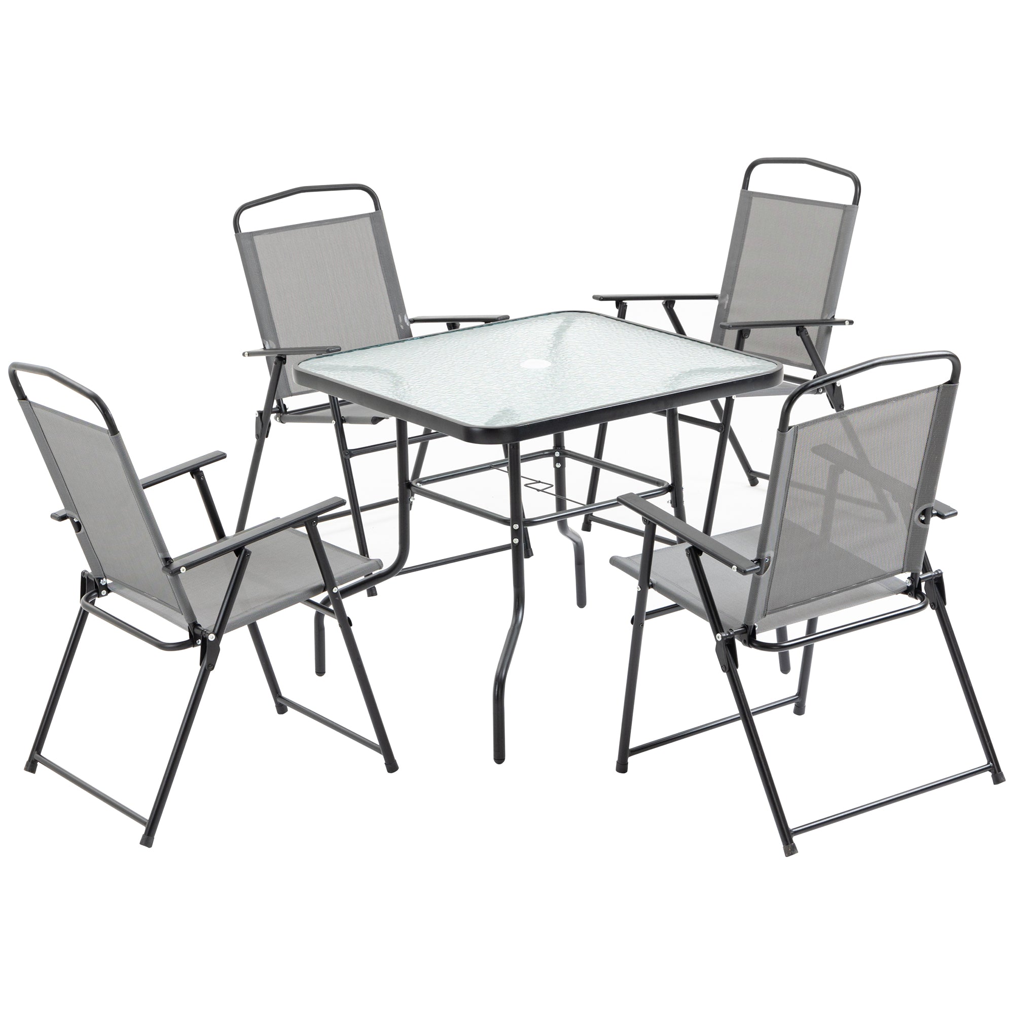 5 Pieces Patio Table and Chairs, Outdoor Dining Set with 4 Folding Chairs, Glass Tabletop and Parasol Hole, Grey Outdoor Dining Sets Grey at Gallery Canada