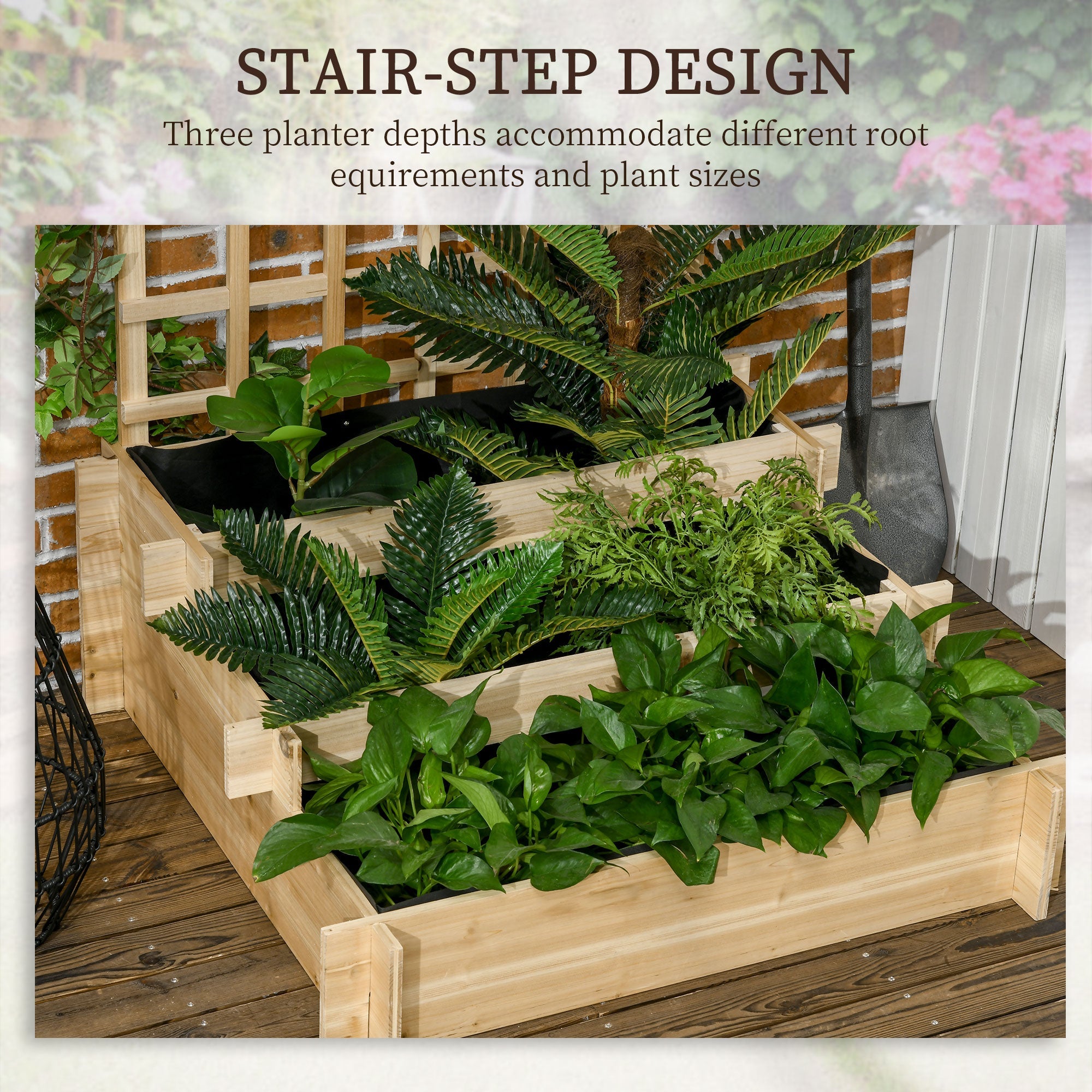 Wooden Elevated Planter Box with Trellis for Climbing Plants, 3 Tier Raised Garden Bed for Garden, Outdoor, Natural Raised Garden Beds   at Gallery Canada