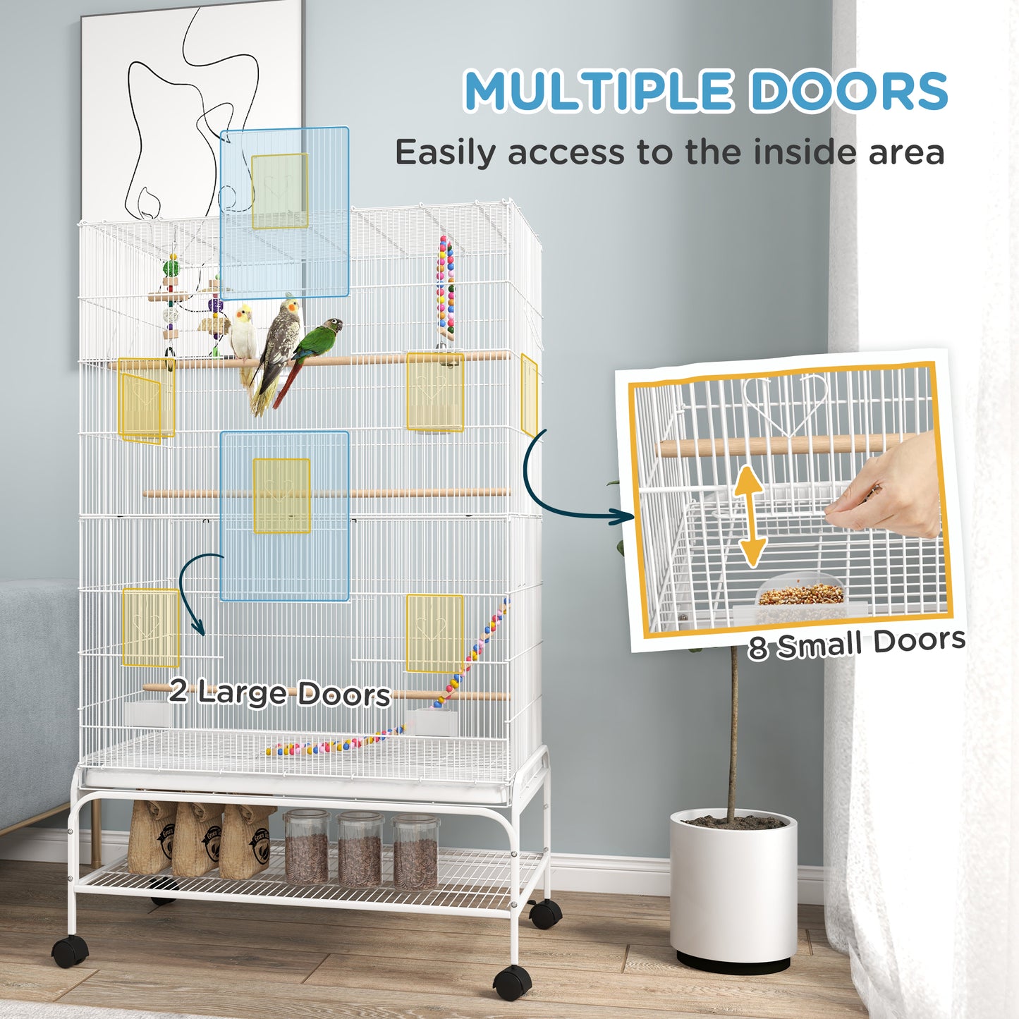 52" Bird Cage with Rolling Stand, Toys, for Budgies Canaries White Bird Cages   at Gallery Canada