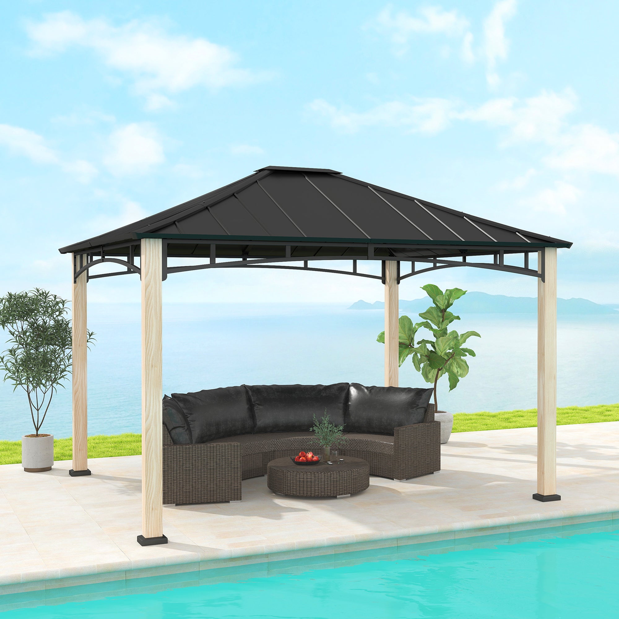 10' x 12' Hardtop Gazebo with Metal Roof, Wood Grain Frame Outdoor Gazebo Canopy for Patio, Garden, Backyard, Lawn Gazebos at Gallery Canada