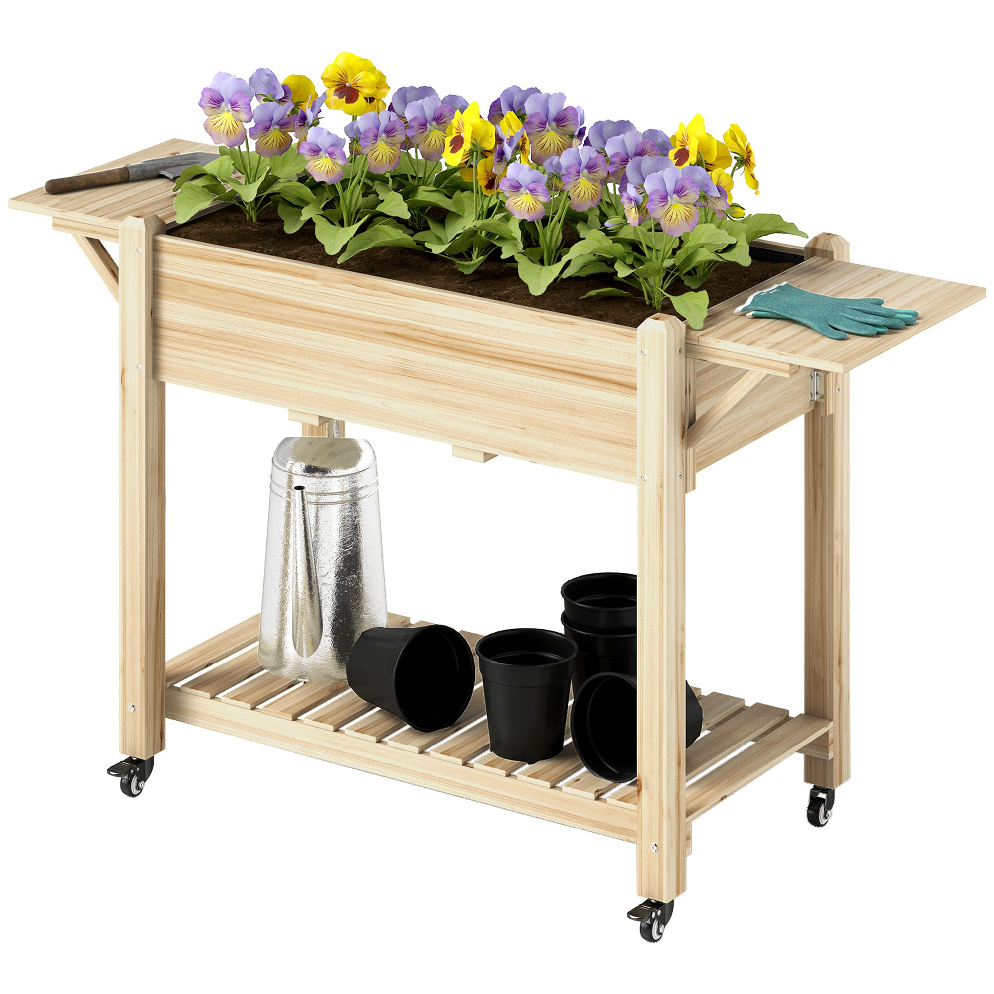 Raised Garden Bed, Wood Planter Box with Lockable Wheels, Side Tables, Bottom Shelf, Bed Liner, Drain Holes, Natural Raised Garden Beds Natural at Gallery Canada