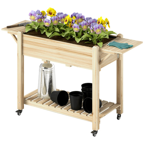 Raised Garden Bed, Wood Planter Box with Lockable Wheels, Side Tables, Bottom Shelf, Bed Liner, Drain Holes, Natural