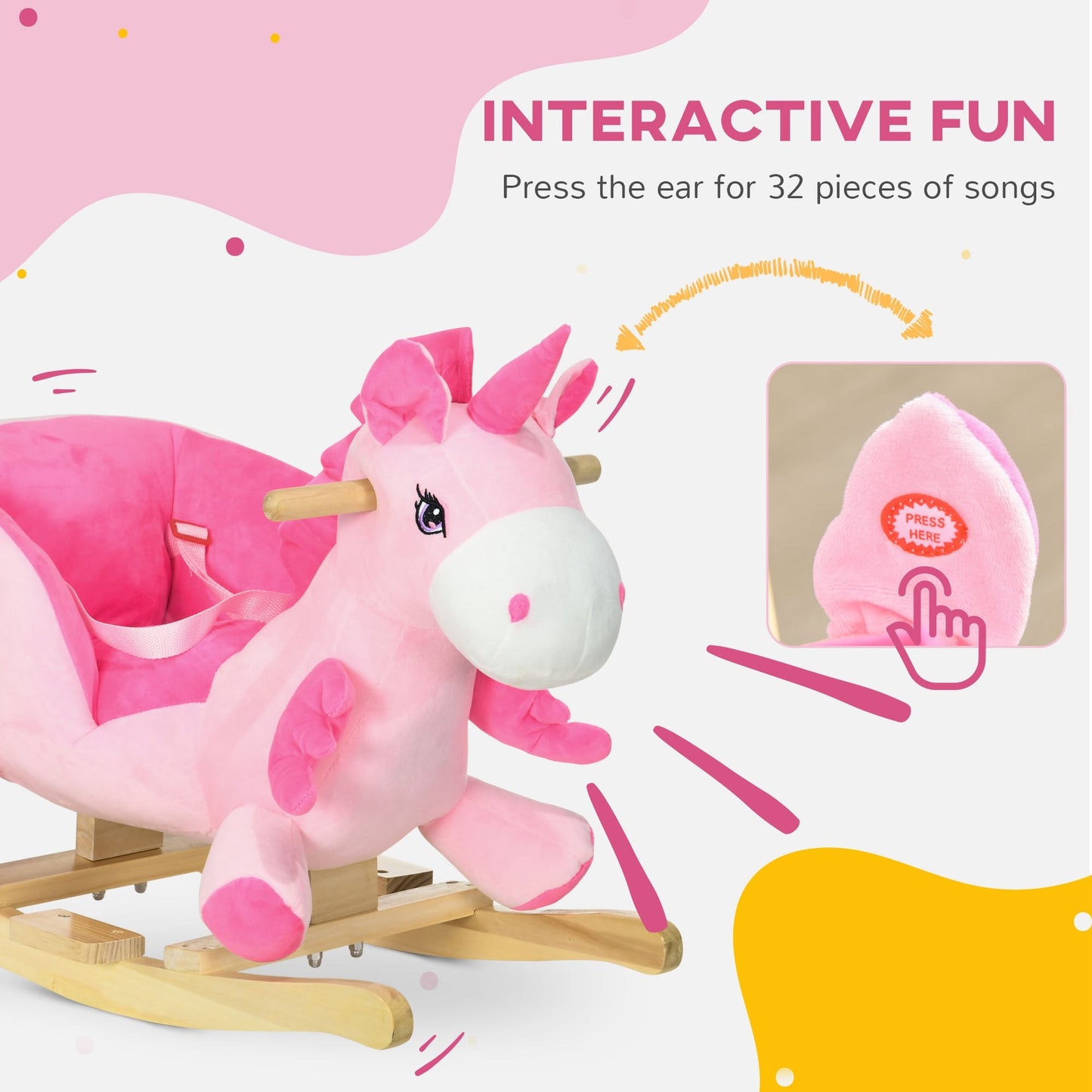 Baby Rocking Horse Ride On Unicorn with Songs, Toddler Rocker Toy with Wooden Base Seat Safety Belt for 1.5-3 Year Old, Pink - Gallery Canada