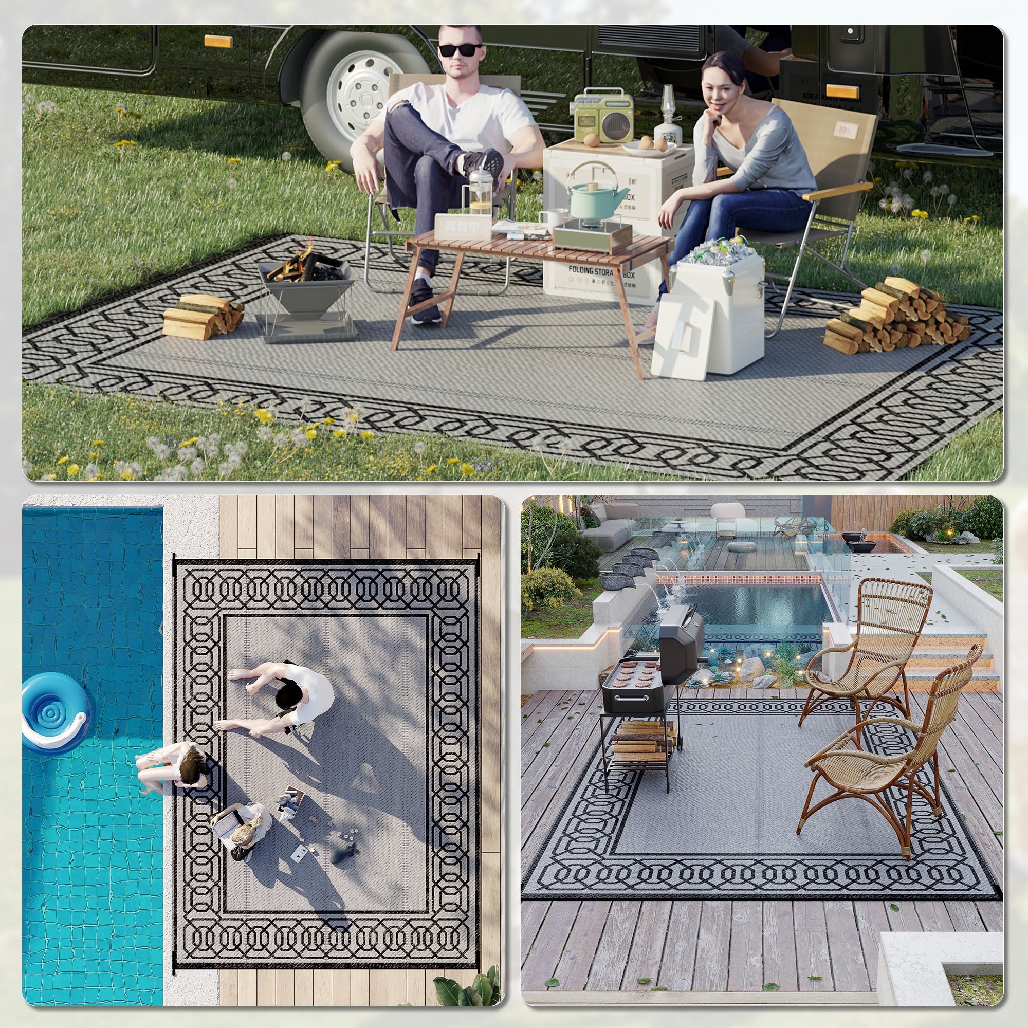 Portable Outdoor Rug with Carrying Bag, 9' x 12' Reversible Mat, Waterproof Plastic Straw RV Rug for Backyard, Deck, Picnic, Beach, Camping, Black and Grey Outdoor Reversible Rugs at Gallery Canada