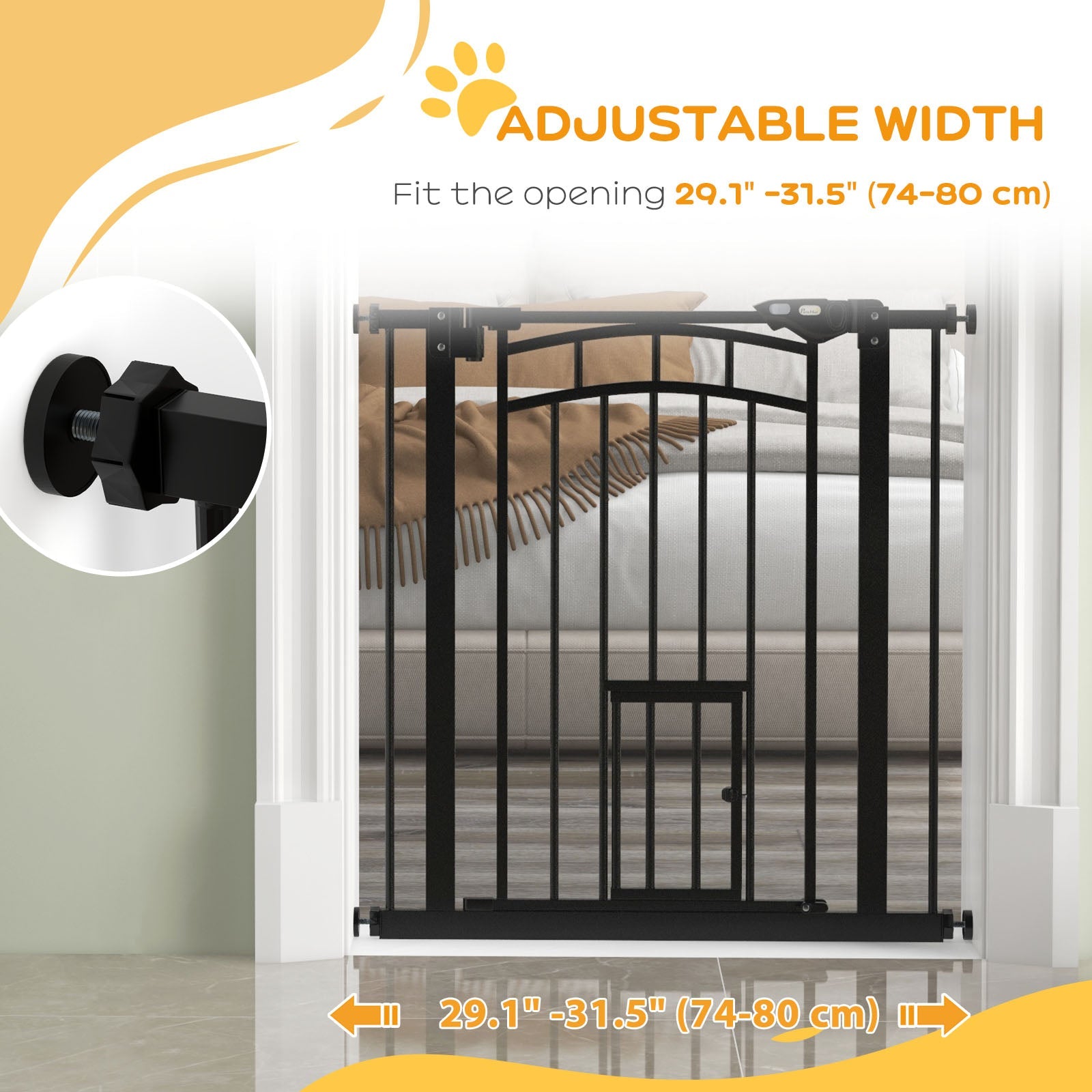 Auto-Close Pet Gate, Stair Gate with Cat Door, Double Locking for Doorways Hallways Stairs, Fits 29