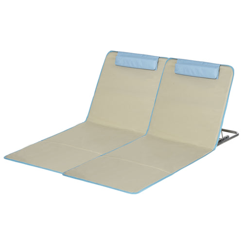 Set of 2 Beach Lounge Chair, Folding Ground Beach Mat w/ Adjustable Back, Steel Frame, Head Pillow and Carry Bag, Beige