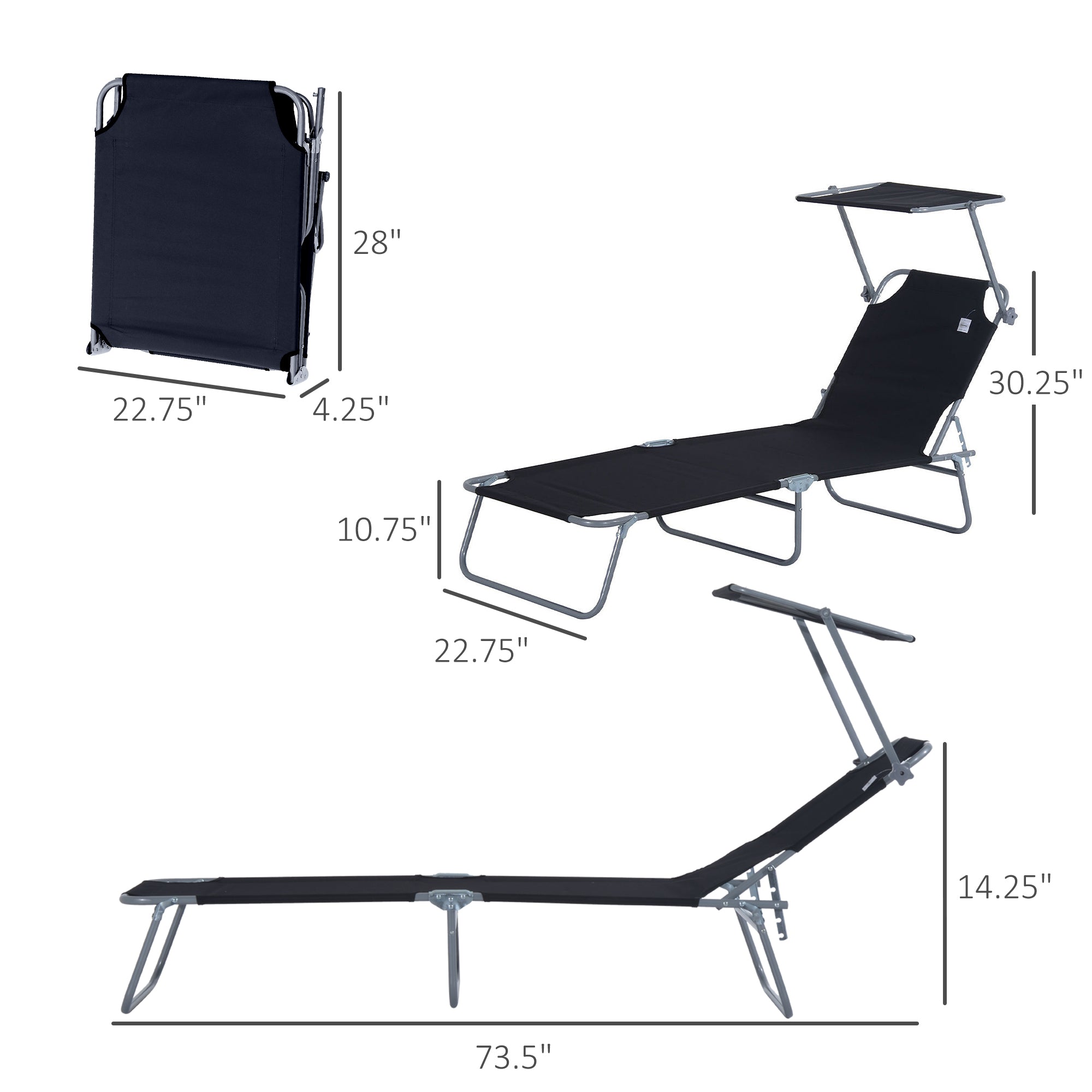 Outdoor Lounge Chair, Adjustable Folding Chaise Lounge, Tanning Chair with Sun Shade for Beach, Camping, Hiking, Backyard, Black Lounger Chairs   at Gallery Canada