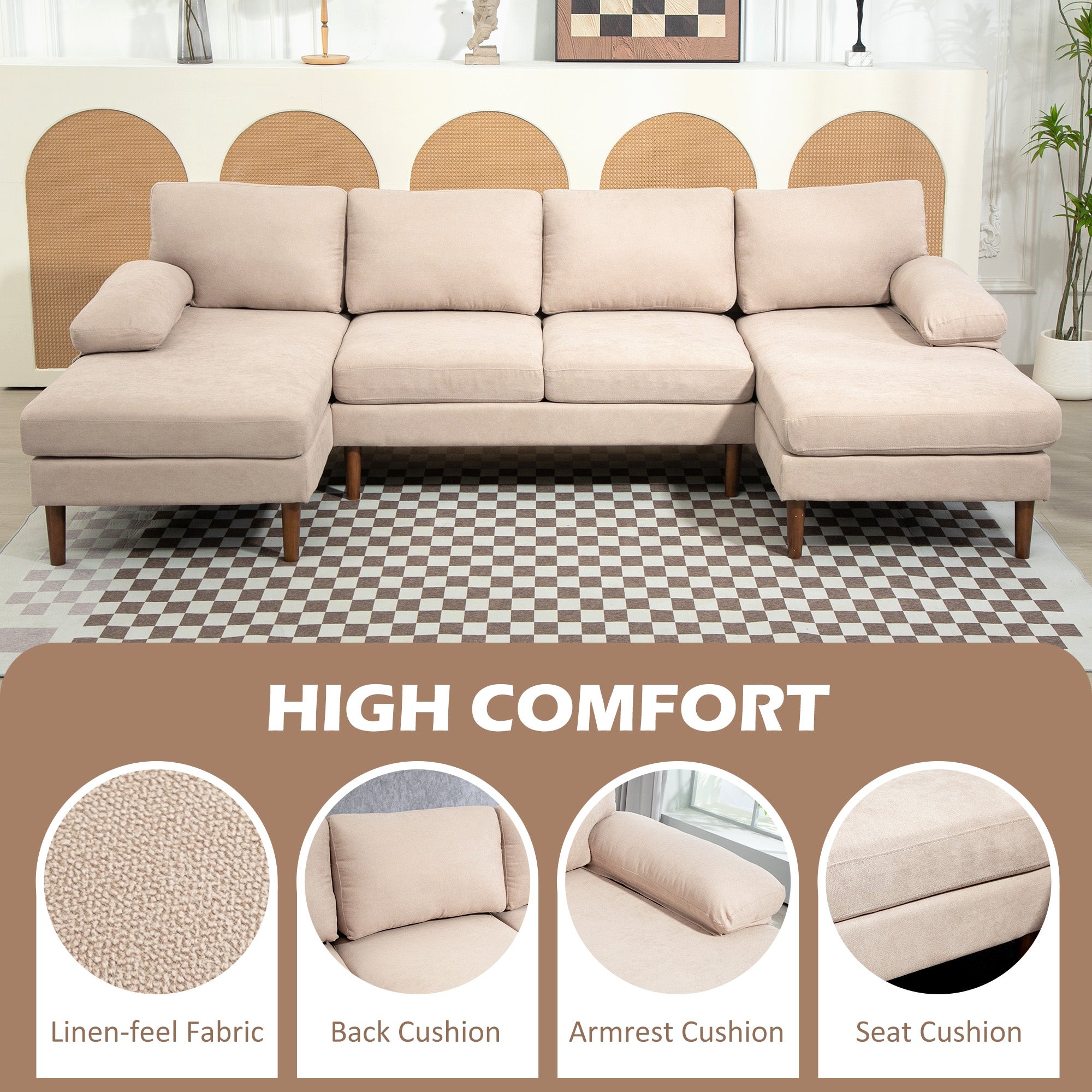 U Shape Couch with Double Chaise Lounge, Modern 4 Seater Sofa with Wooden Legs, Fabric Sofa for Living Room, Beige Sofas & Reclining Chairs at Gallery Canada