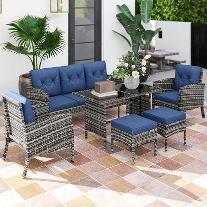 6 Piece Patio Furniture Set with Patio Chairs, Ottomans, Sofa, Glass Top Table and Cushions, Wicker Rattan Outdoor Furniture Set for Backyard, Porch, Navy Blue Patio Furniture Sets Multi Colour at Gallery Canada