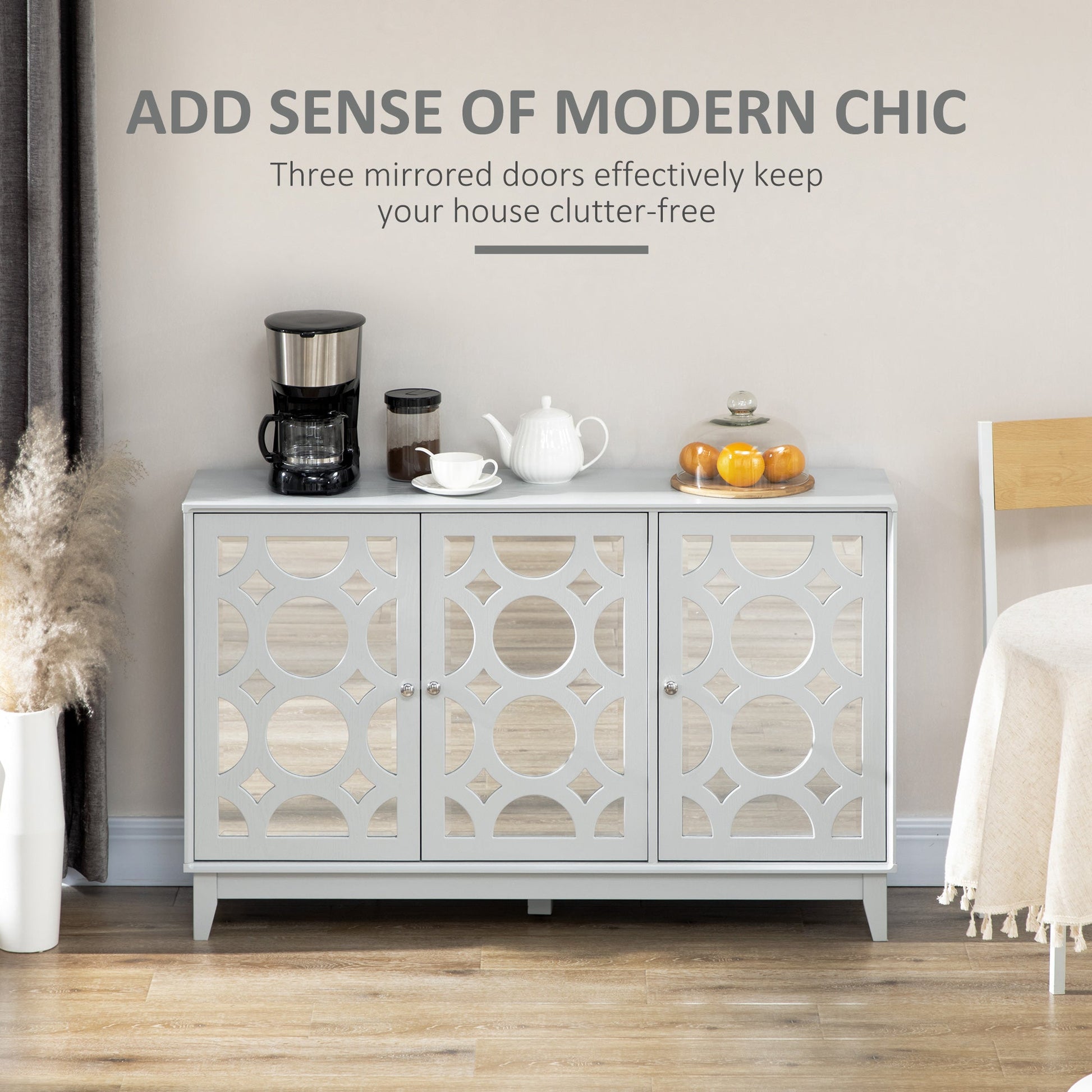 Sideboard Kitchen Buffet Table with 3 Mirrored Doors, 2 Cabinets and Adjustable Shelf, Gray Bar Cabinets   at Gallery Canada