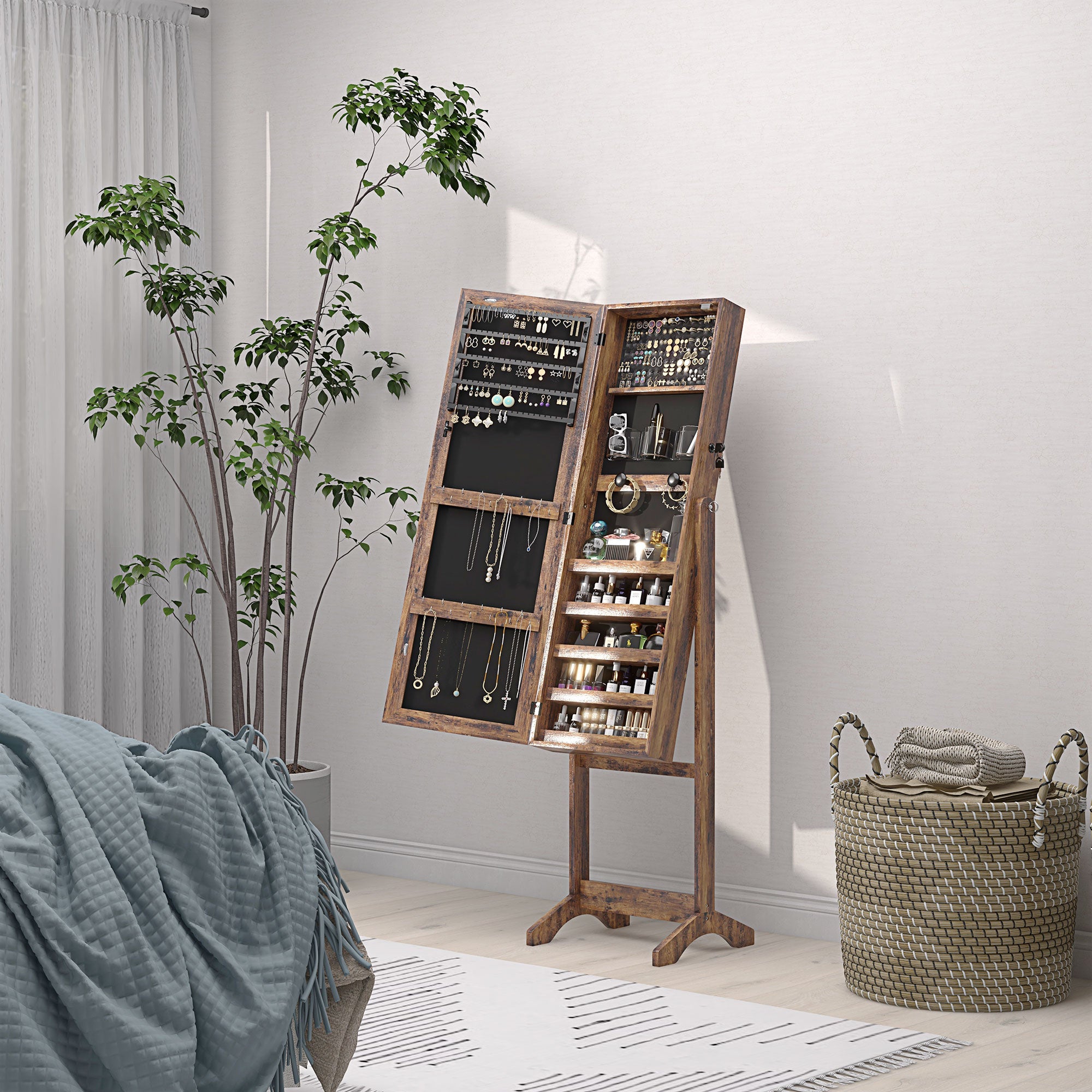 Lockable Jewelry Armoire with LED Light, Standing Mirror with Storage for Bedroom Dressing Room, Rustic Brown Jewelry Armoire & Jewellery Mirror Cabinets at Gallery Canada