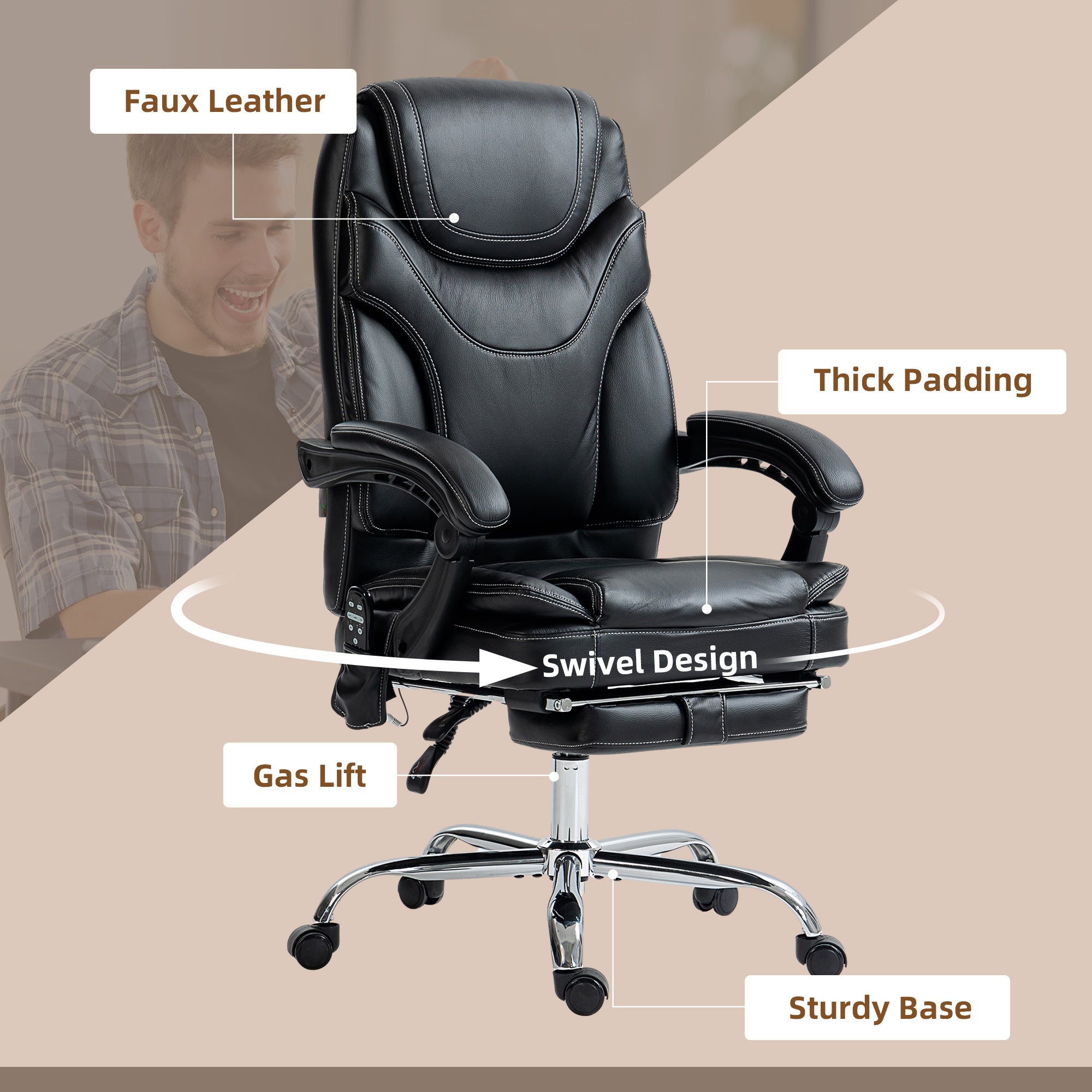 6 Point Vibration Massage Office Chair, PU Leather Heated Reclining Computer Chair with Footrest, Black Massage Chairs   at Gallery Canada