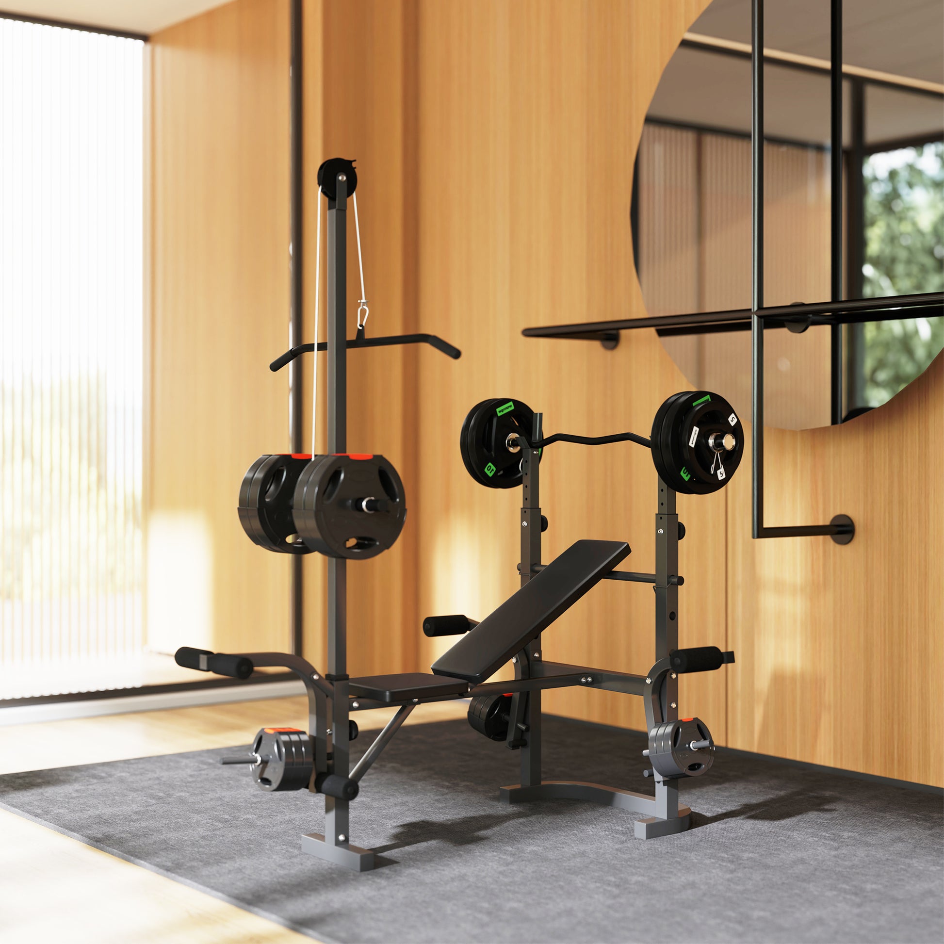 Adjustable Weight Bench with Bench Press Rack, Preacher Curl Bench, Leg Extension and Lat Pull Down Weight Benches Black at Gallery Canada