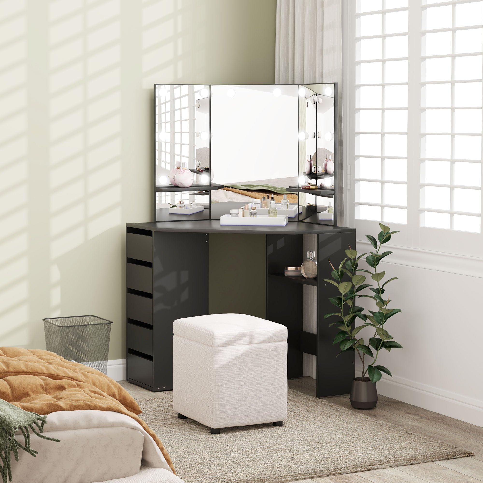 Makeup Vanity Desk with 3-Panel Mirror and 10 LED Lights, Dressing Table with 5 Drawers and Shelves for Bedroom, Black Dressing & Vanity Tables at Gallery Canada