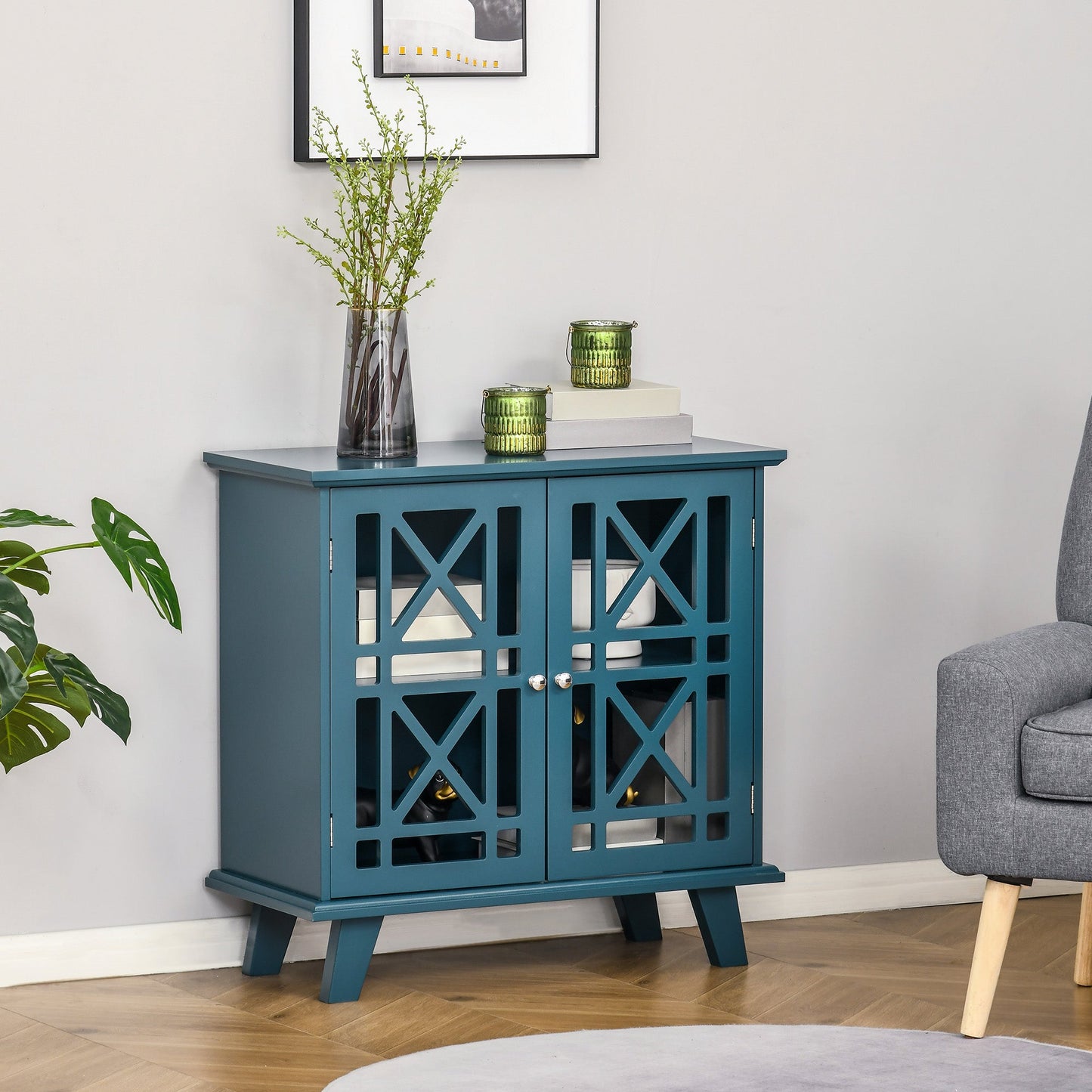 Storage Cabinet with Fretwork Doors and Shelf, Modern Freestanding Sideboard, Buffet, Blue Storage Cabinets   at Gallery Canada