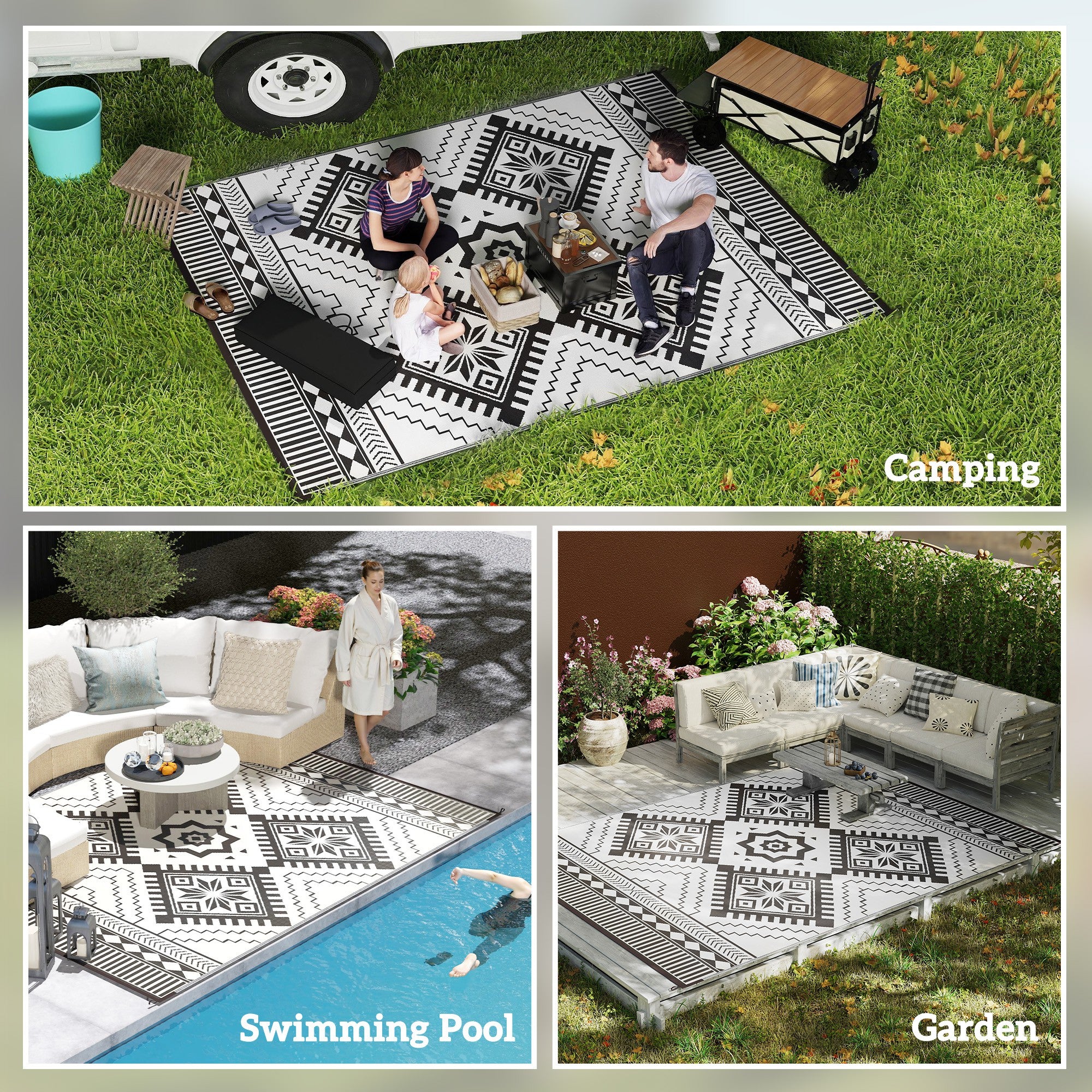 9' x 12' Outdoor RV Rug, Reversible Patio Floor Mat with Carry Bag, Toothed Rhombus, White and Black Garden Decor at Gallery Canada