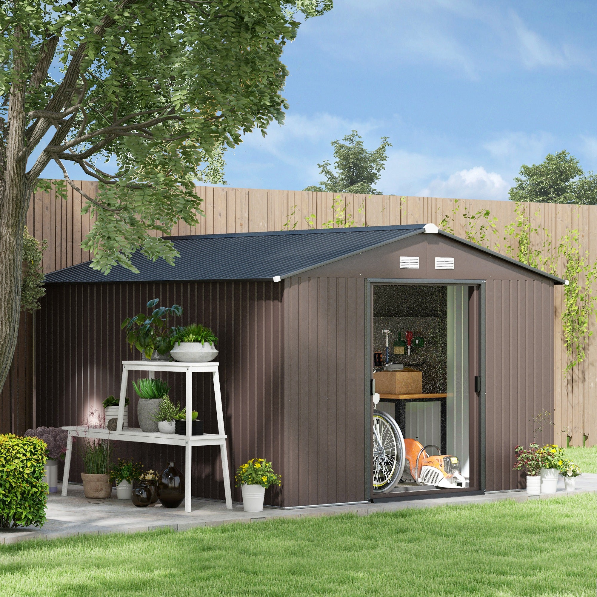 9' x 10.6' Garden Storage Shed w/ Foundation Kit Metal Tool Storage House w/ Double Doors Brown Sheds Brown at Gallery Canada
