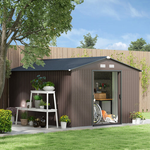 9' x 10.6' Garden Storage Shed w/ Foundation Kit Metal Tool Storage House w/ Double Doors Brown