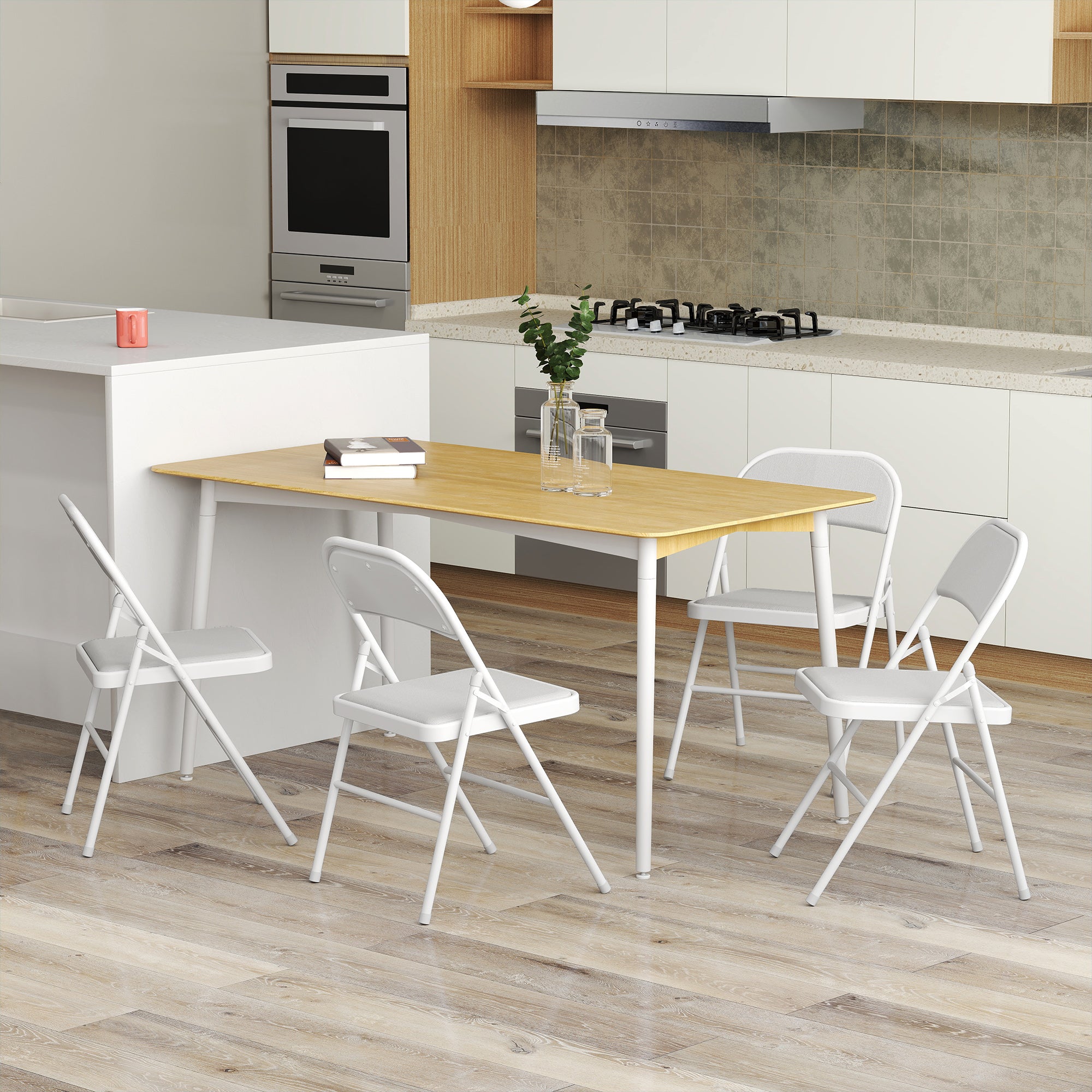 Set of 4 Metal Foldable Chairs, Corduroy Padded Folding Chairs with Cushion Seat and Open Back for Indoor, White Dining Chairs at Gallery Canada