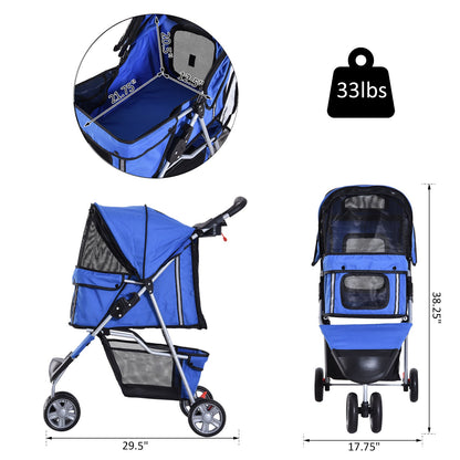 Deluxe 3 Wheels Pet Stroller Foldable Dog Cat Carrier Strolling Jogger with Brake, Canopy, Cup Holders and Bottom Storage Space (Blue) Dog Bike Trailers & Strollers   at Gallery Canada