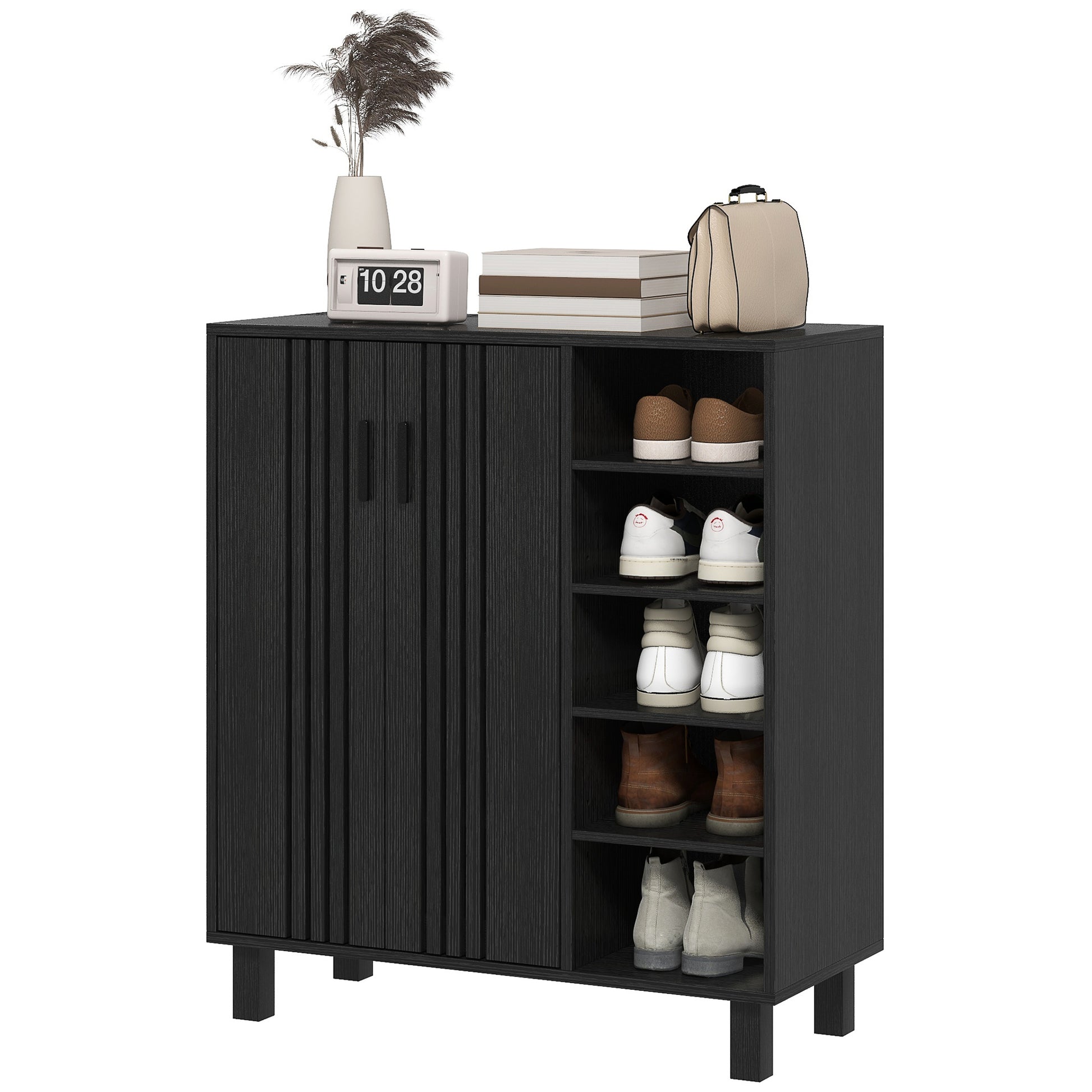 Shoe Storage with Double Doors and Open Shelves 17 Pair Shoe Storage Organizer for Entryway Hallway Black Shoe Storage Cabinets & Racks   at Gallery Canada