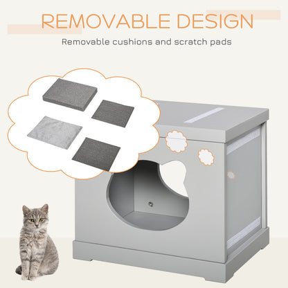 Indoor Cat Bed with 2 Exterior Scratching Boards, Cat Cube House with Removeable Cushions, 16" L x 12" W x 14" H, Grey Cat Houses   at Gallery Canada