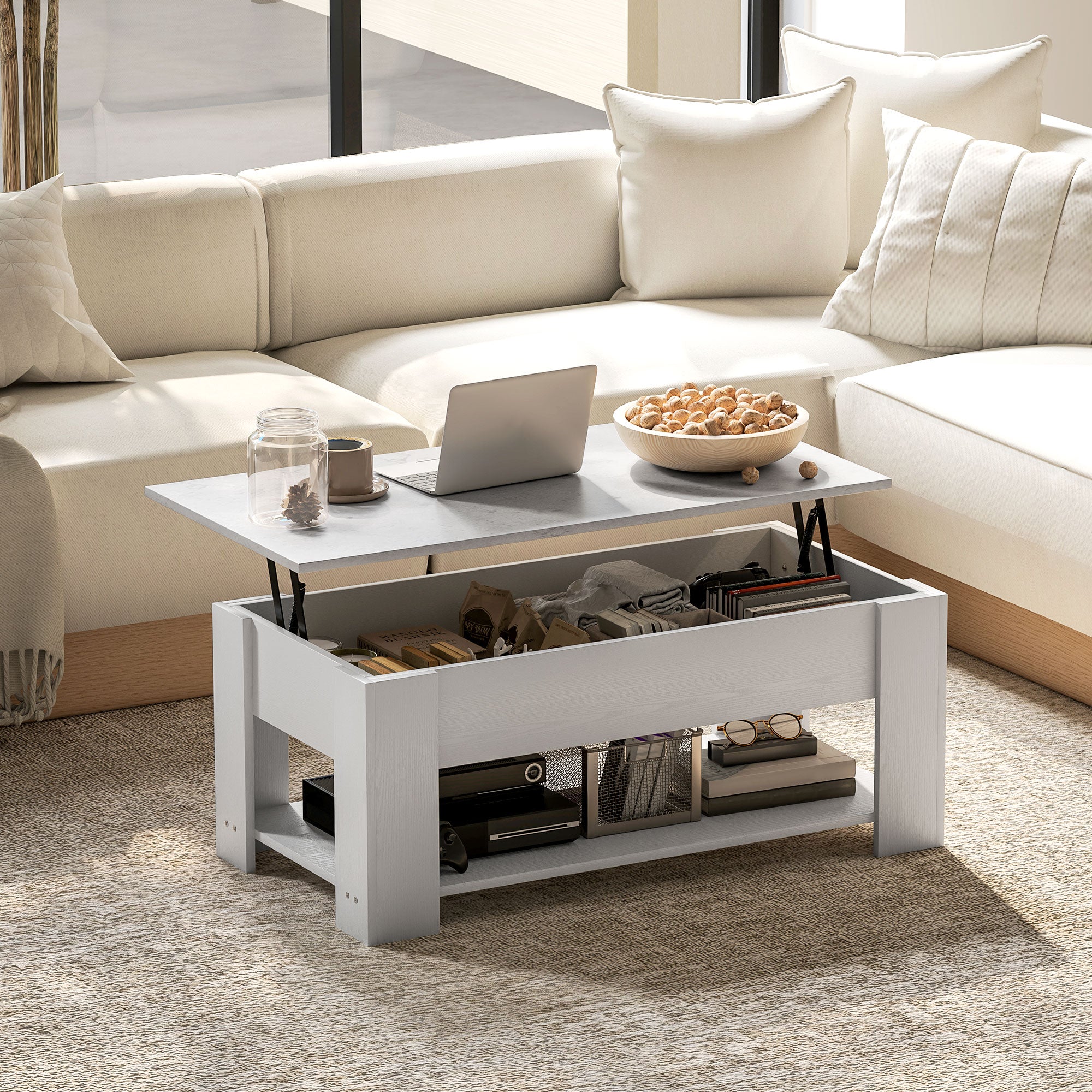 Lift Top Coffee Table with Hidden Storage Compartment and Open Shelf, Center Table for Living Room, White Coffee Tables   at Gallery Canada