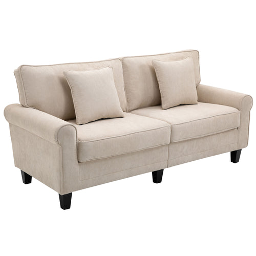 Modern 3 Seater Sofa, Corduroy Fabric 3 Seater Couch with Pine Wood Legs and Rolled Armrests for Living Room, Beige