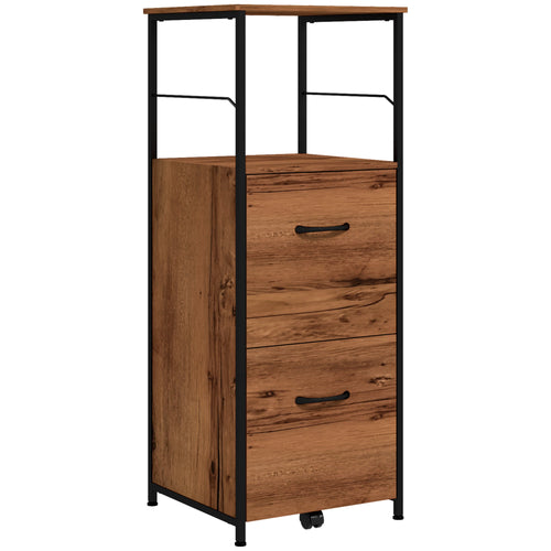 Industrial Vertical Filing Cabinet with 2 Drawers, Open Shelf, Hanging Bars, Rustic Brown