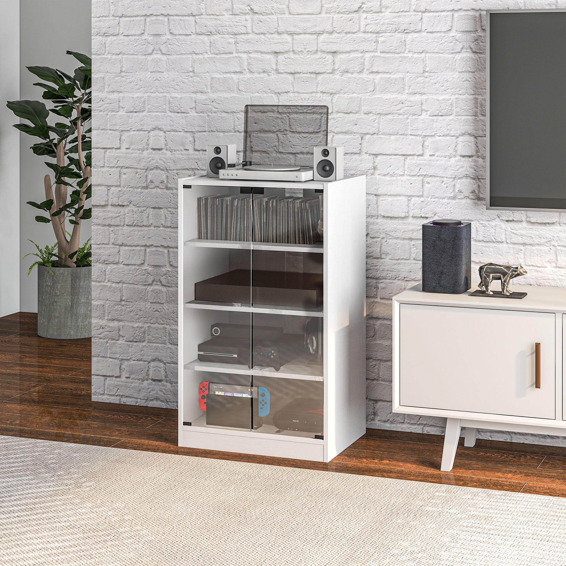 5-Tier Media Cabinet, Media Stand with Adjustable Shelves, Tempered Glass Doors, and Cable Management, Distressed White Storage Cabinets   at Gallery Canada