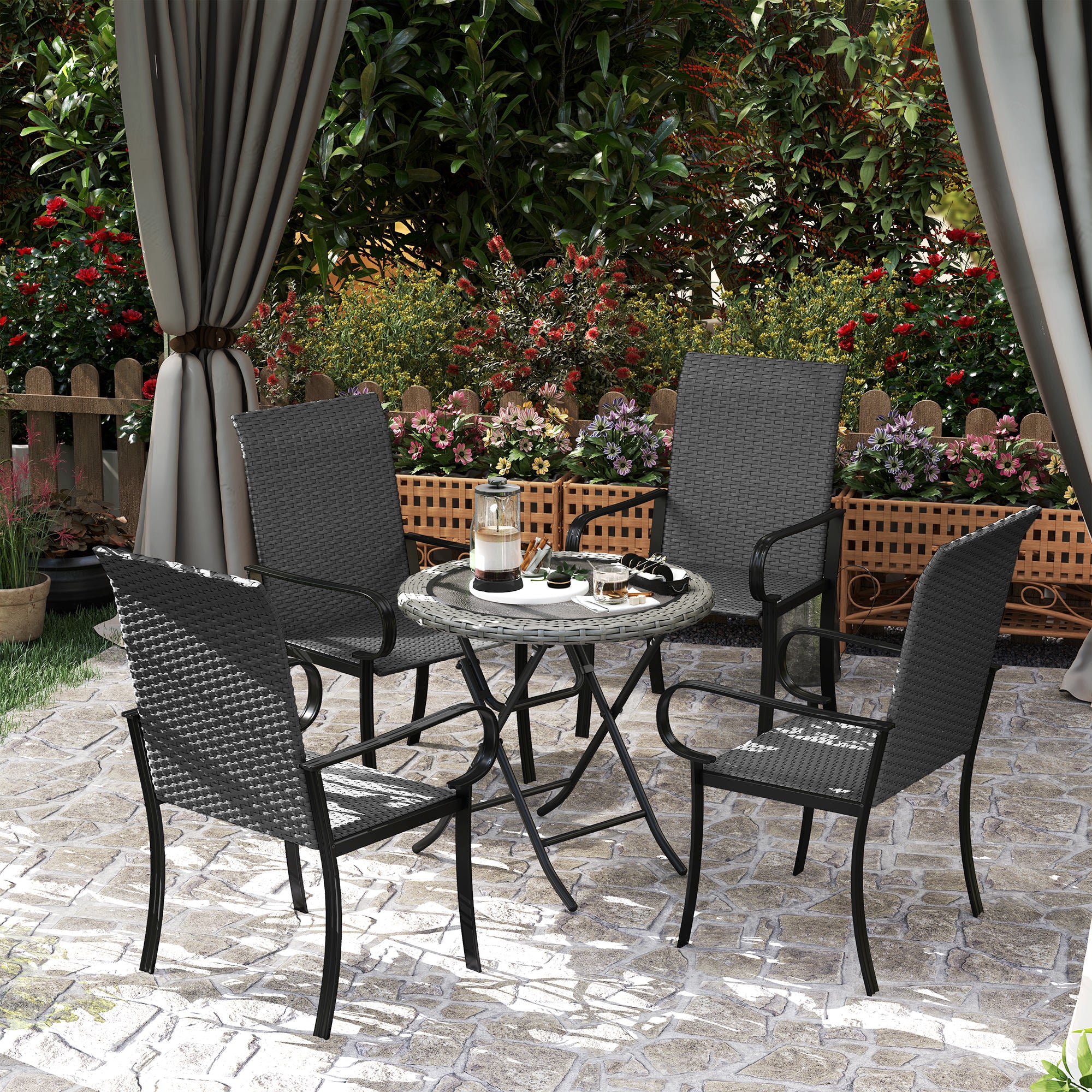 4 Piece PE Rattan Patio Dining Chairs with Steel Frame, for Garden, Backyard, Pool Side, Porch, Black Patio Chairs at Gallery Canada