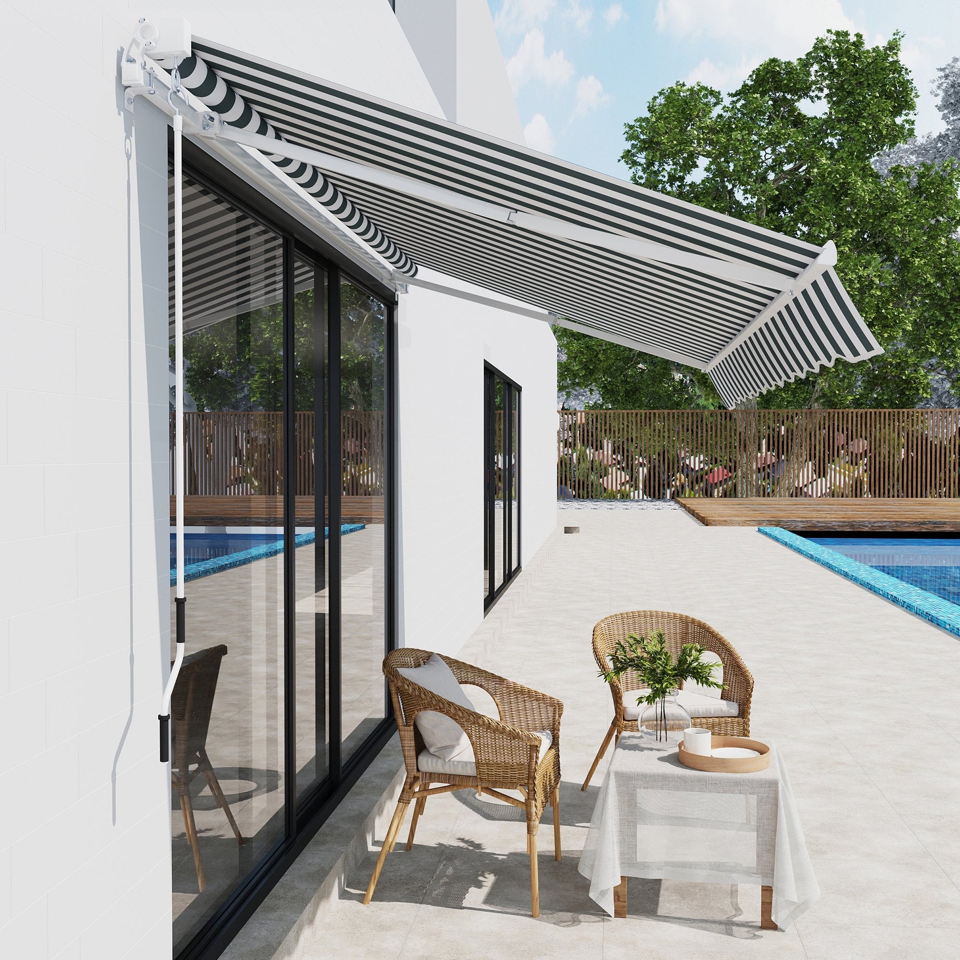 280g/m² UV & Water-Resistant 8' x 7' Retractable Patio Awning, Aluminum Frame, Green and White Deck Awnings   at Gallery Canada