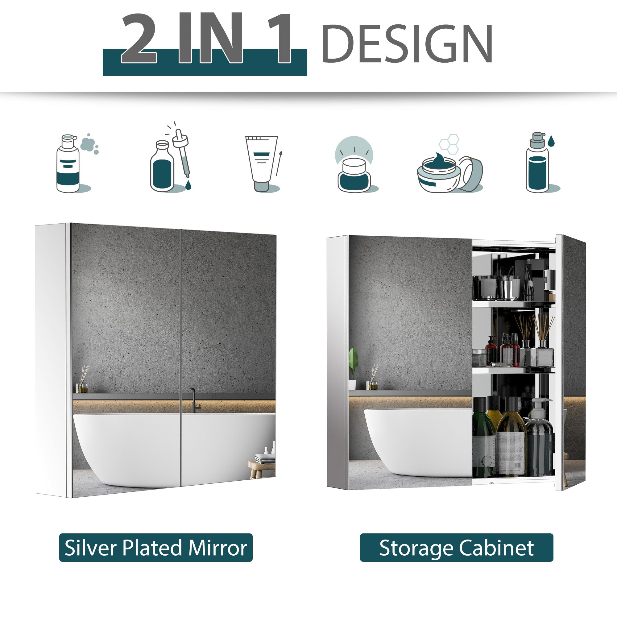 Wall Mounted Mirror Cabinet, Bathroom Medicine Cabinet with Mirror, 2 Doors and 3-tier Shelving, Silver Mirror Medicine Cabinets at Gallery Canada