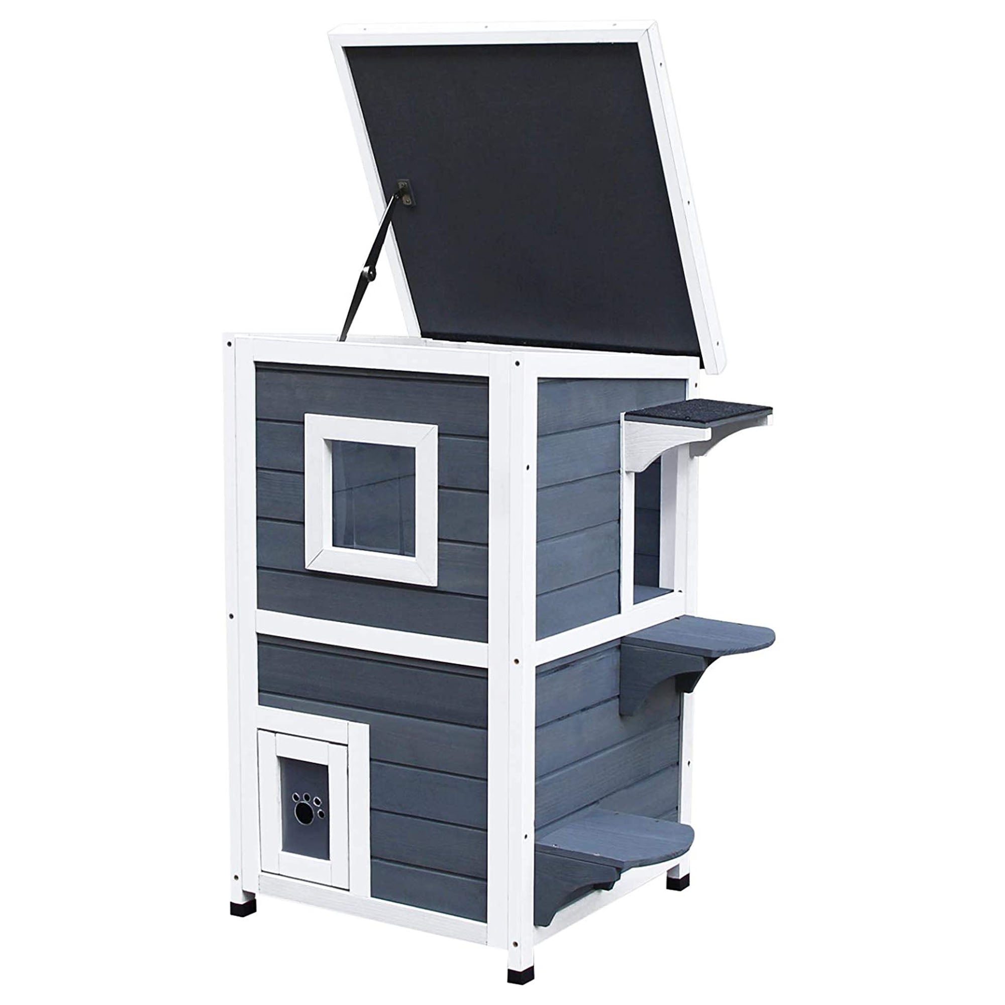 2 Story Wooden Outdoor Cat House with Windows, Platforms, Openable Top, Asphalt Roof, Grey Cat Houses Grey, White at Gallery Canada