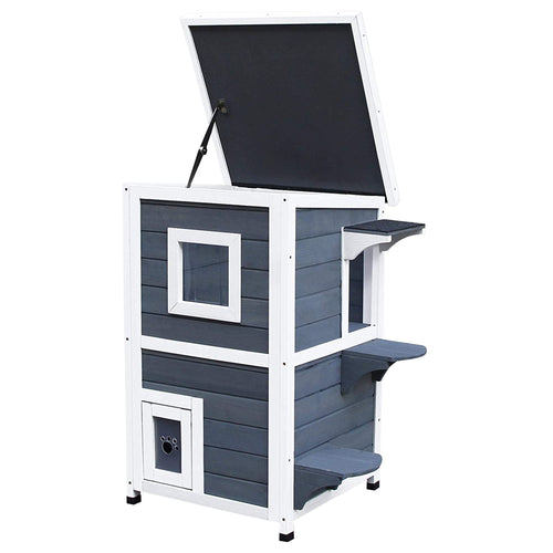 2 Story Wooden Outdoor Cat House with Windows, Platforms, Openable Top, Asphalt Roof, Grey