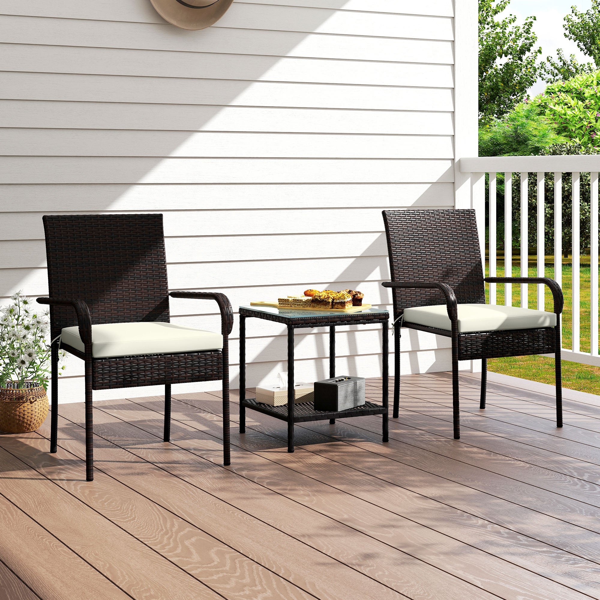 3 Piece Wicker Patio Furniture Set with Stackable Chairs, Washable Cushion, Tempered Glass Top, for Backyard, Brown Bistro Sets at Gallery Canada