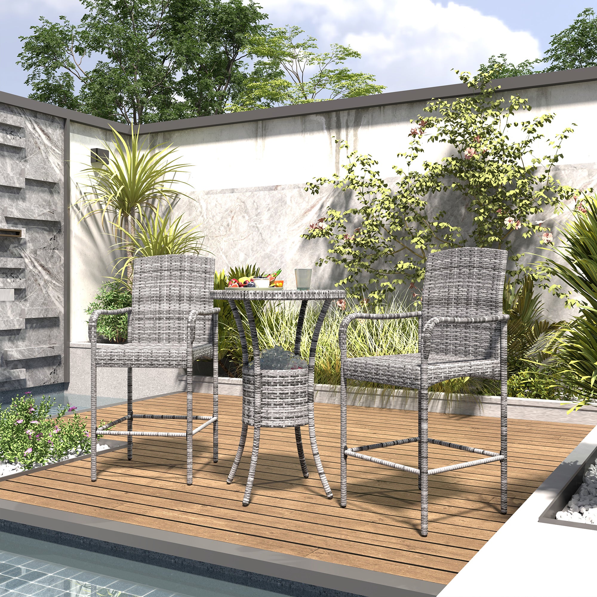 3 Pieces Patio Bar Set, Rattan Bistro Table and Chairs, Outdoor Conversation Furniture Set with Ice Bucket, Mixed Grey Bistro Sets at Gallery Canada